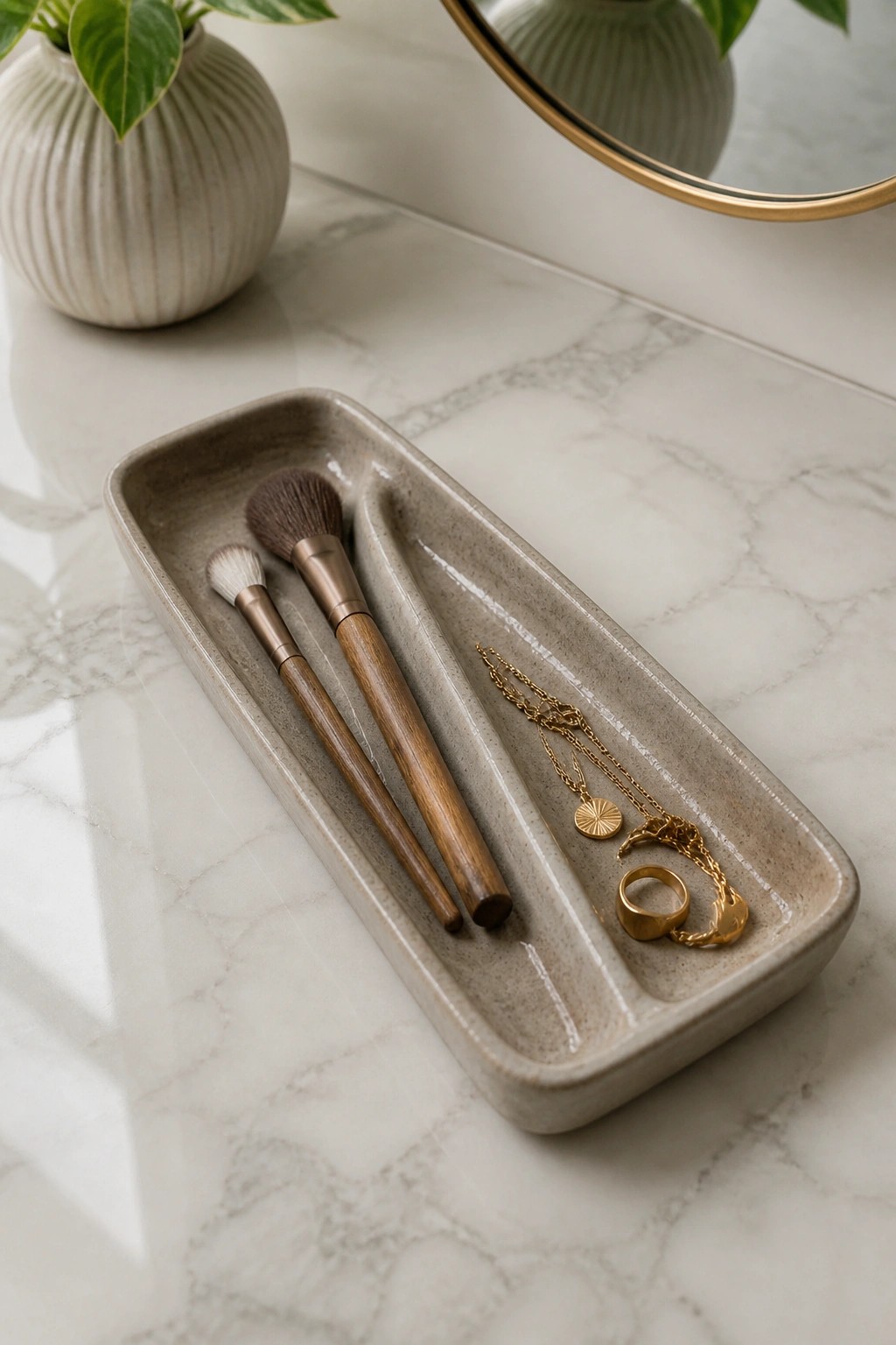 Ceramic tray with makeup brushes and gold jewelry on marble countertop