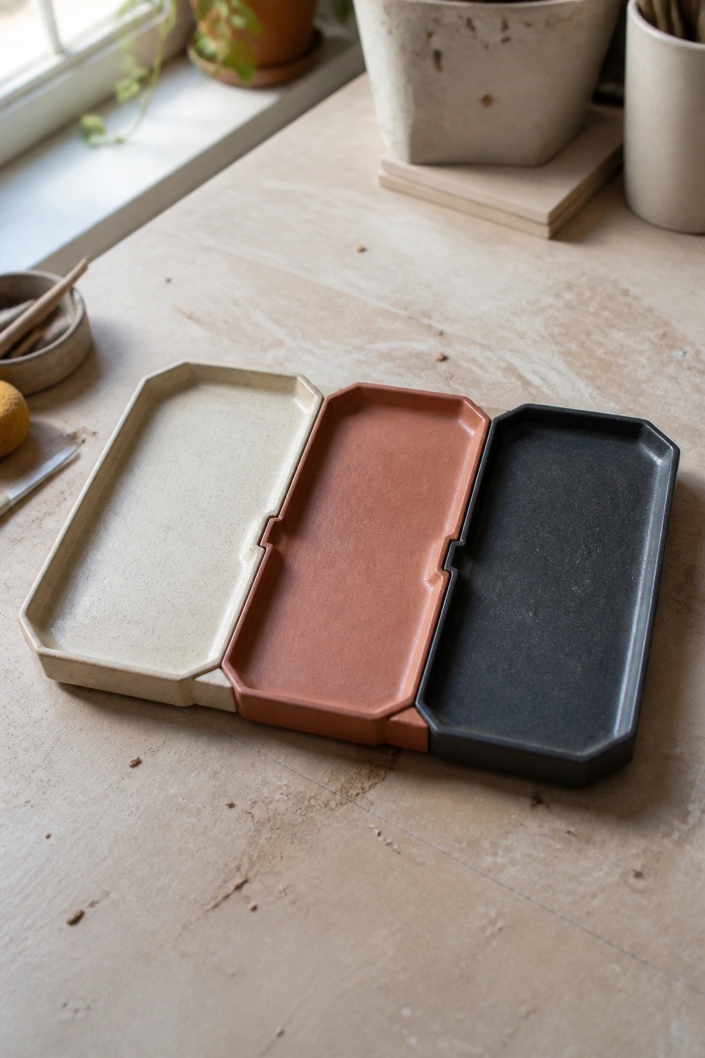 Three interlocking ceramic trays in beige, terracotta, and black on wooden table