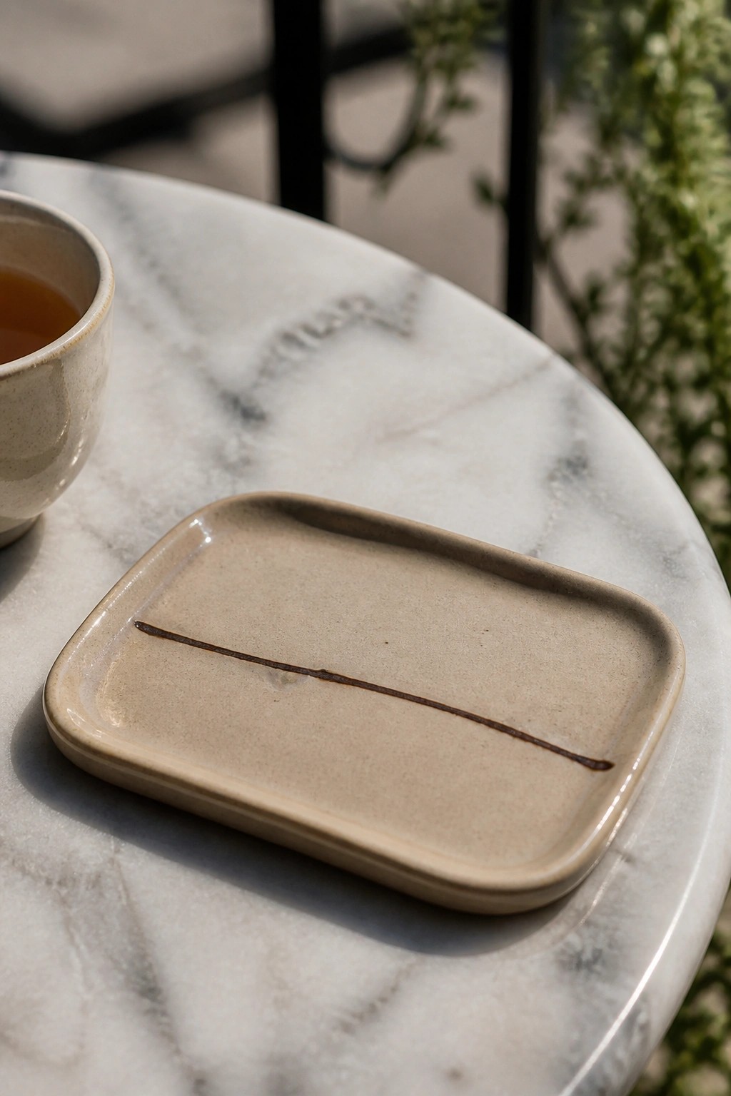 Beige ceramic tray with thin brown streak on marble table beside tea cup.