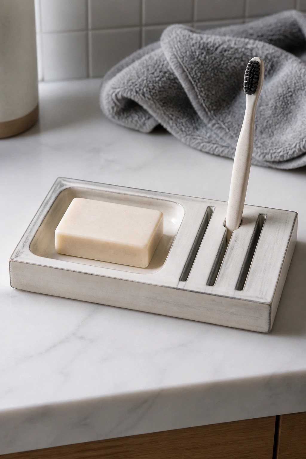 White ceramic tray holding beige soap and upright toothbrush on marble counter