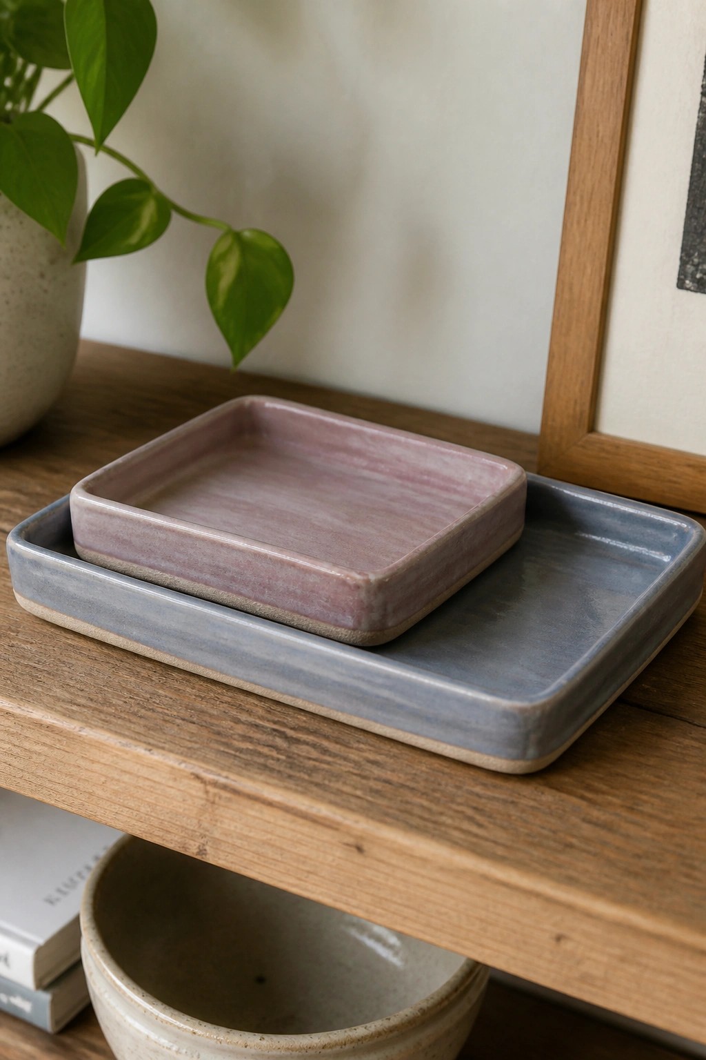 Pink ceramic tray stacked on blue one atop wooden shelf with plant