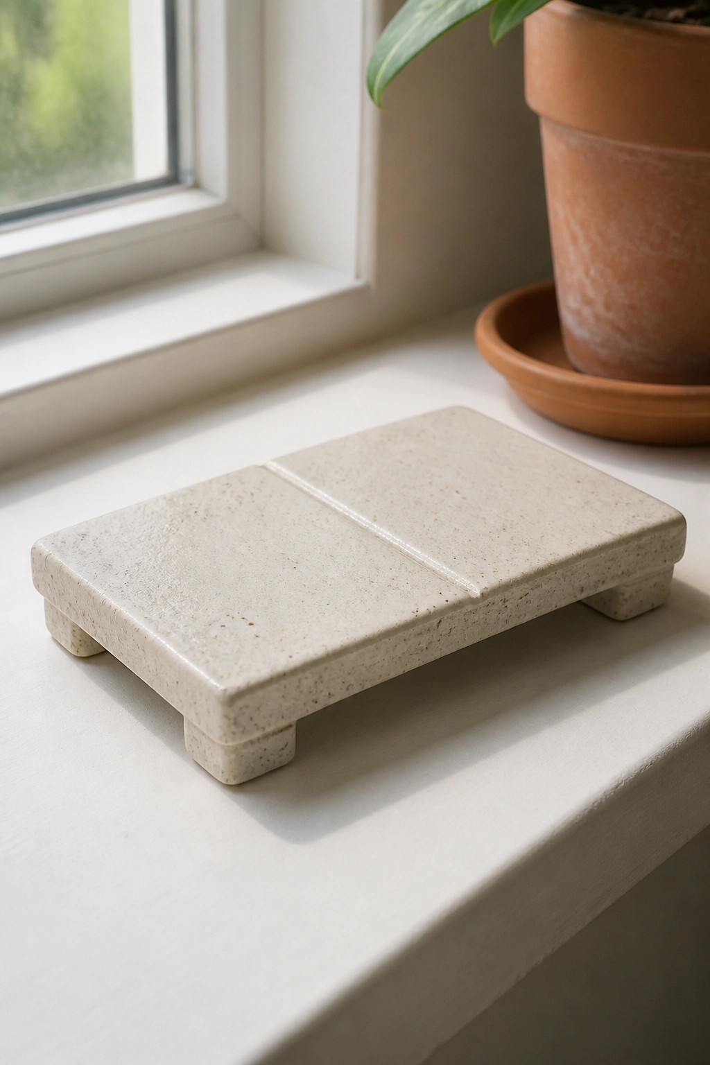 Speckled beige rectangular tray with legs on white windowsill near terracotta plant pot.