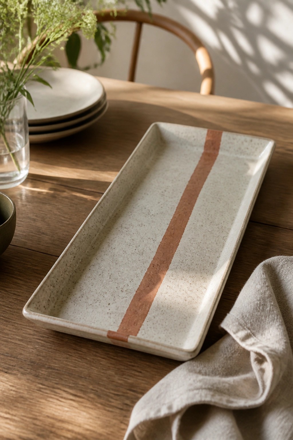 Rectangular speckled ceramic platter with terracotta stripe on wooden dining table
