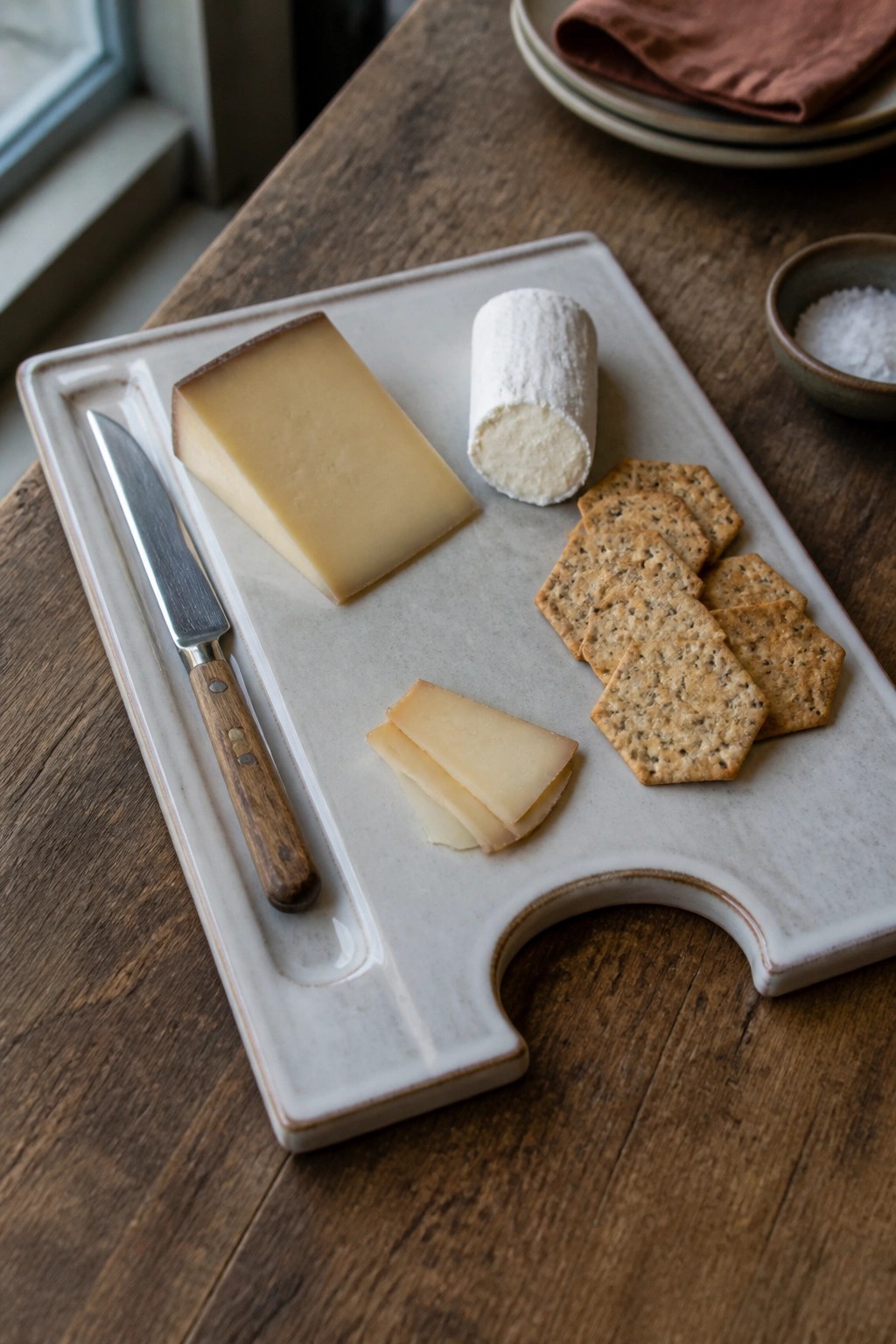 Cheese board with yellow wedge, white cylindrical cheese, crackers, and knife on wood table