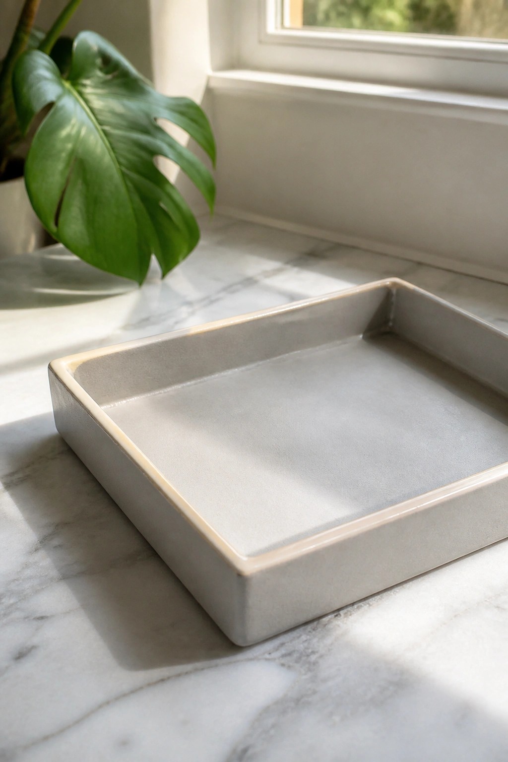 Gray square ceramic tray on marble countertop with monstera leaf by sunny window