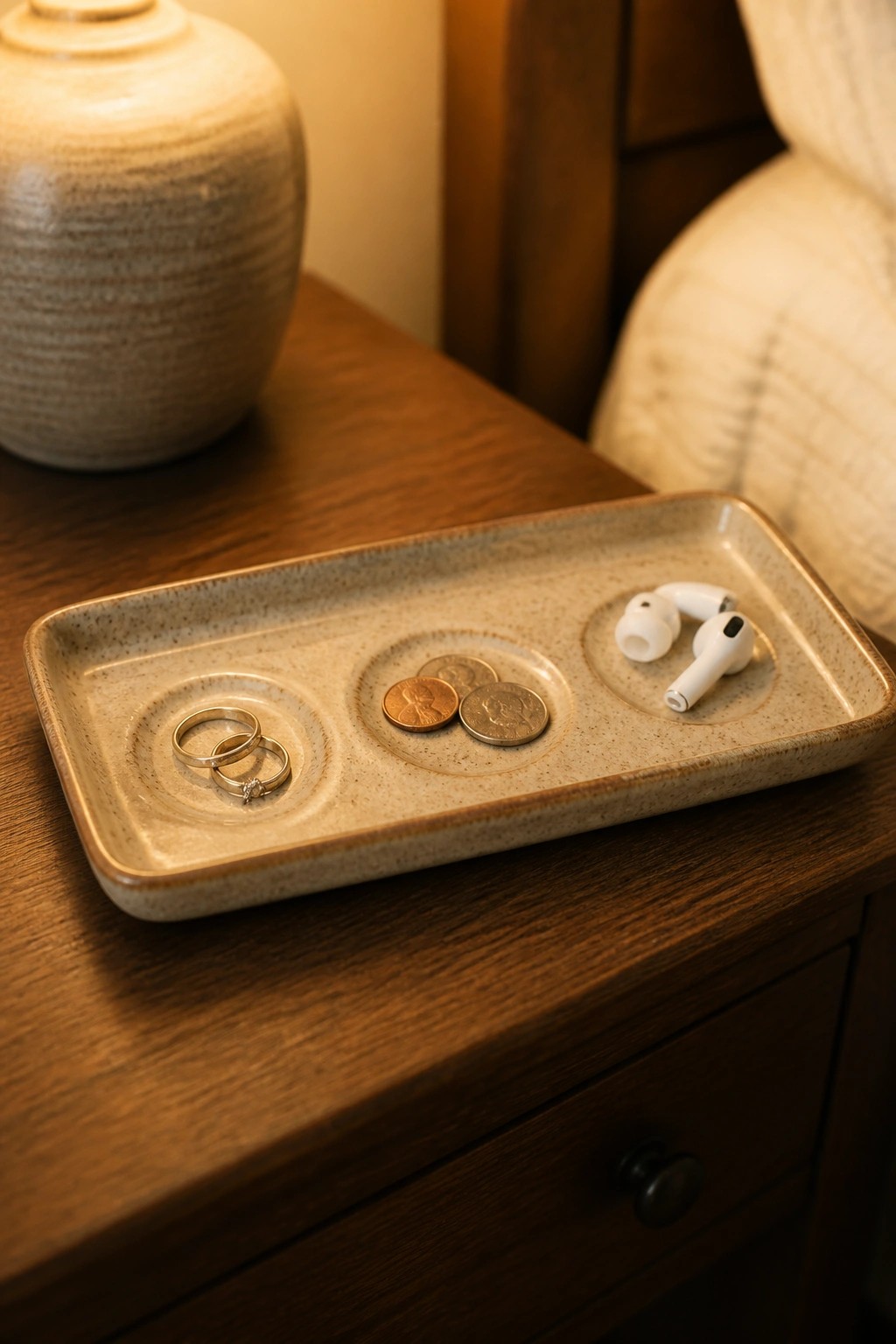 Ceramic tray on wooden nightstand holding rings, coins, and wireless earbuds