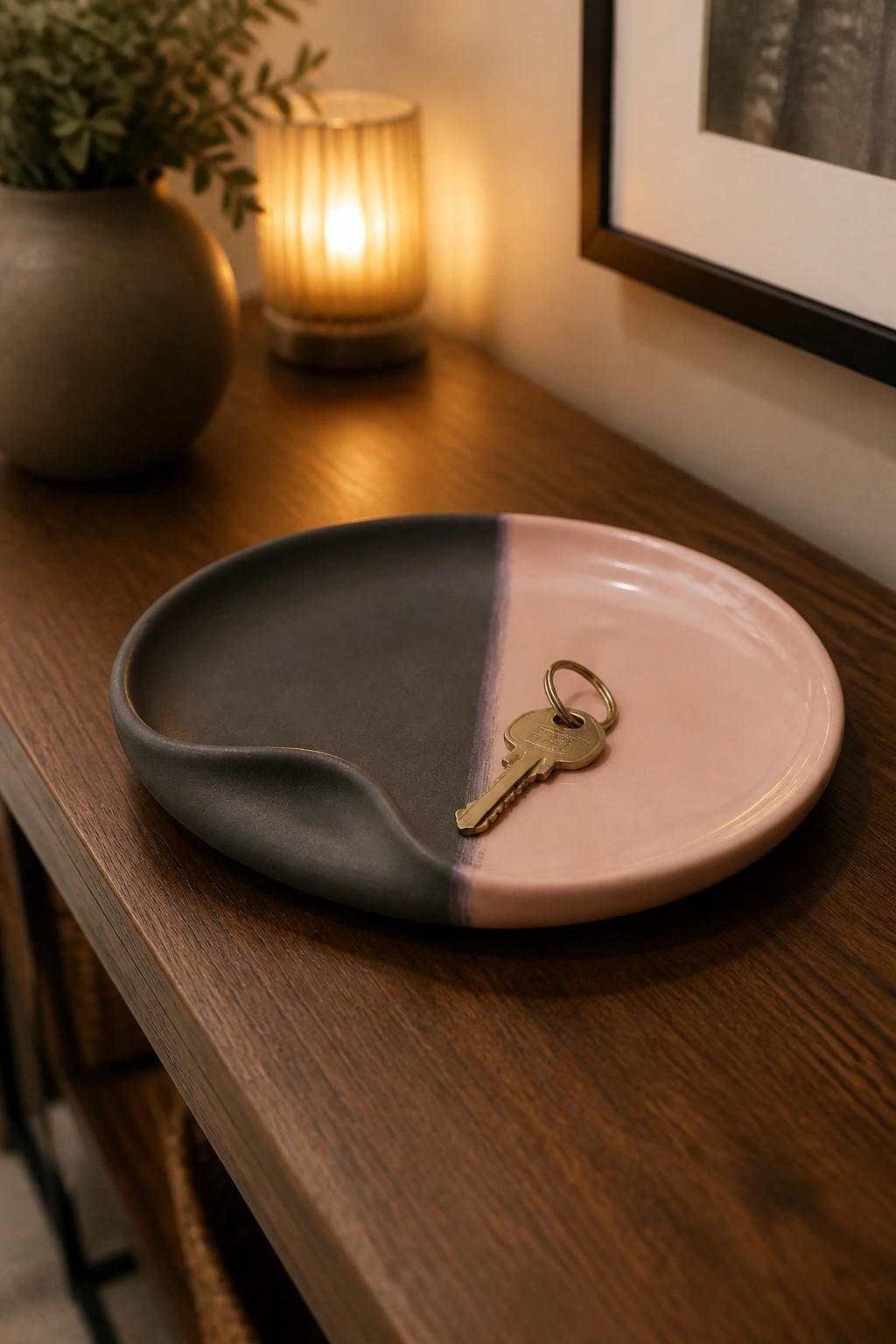 Two-tone gray and pink ceramic dish with gold key on wooden table