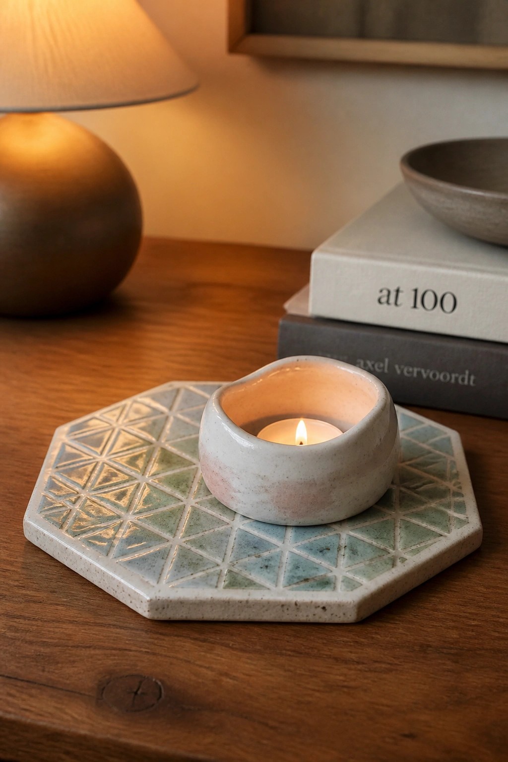 Lit candle in speckled ceramic holder on blue-green geometric hexagonal tile on wood table