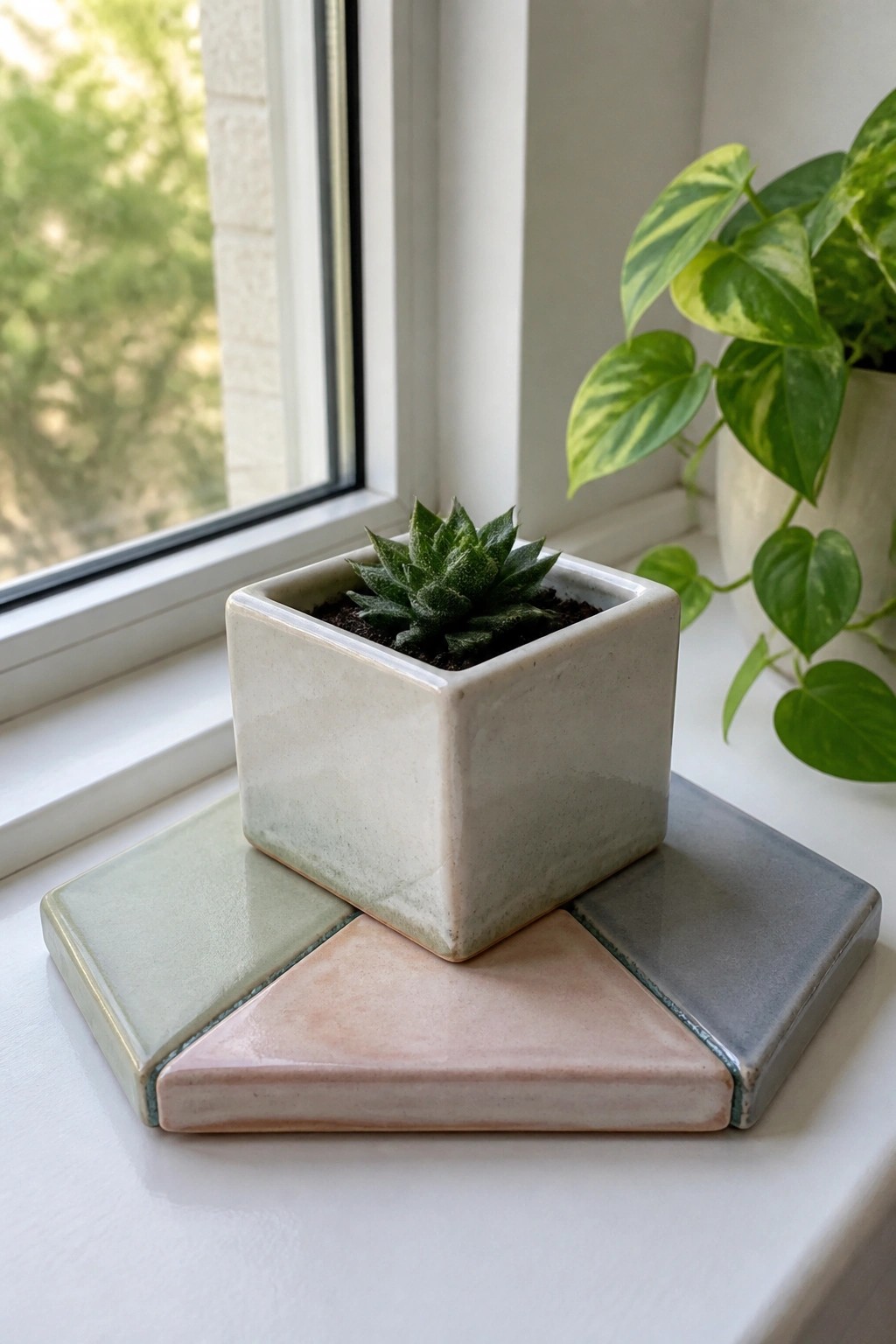 Succulent in beige square pot on colorful triangular ceramic tiles by window