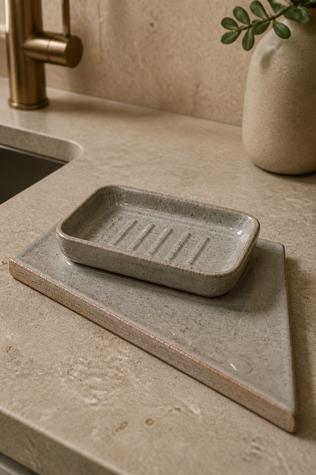 Speckled ceramic soap dish on matching tray atop beige stone countertop with brass faucet.