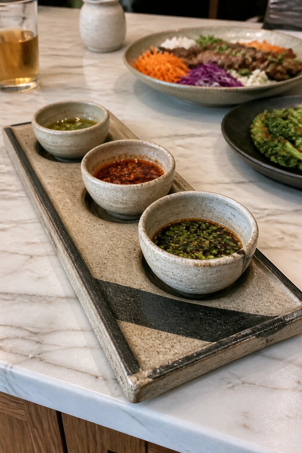 Three ceramic bowls of sauces on a decorative tray atop marble table.