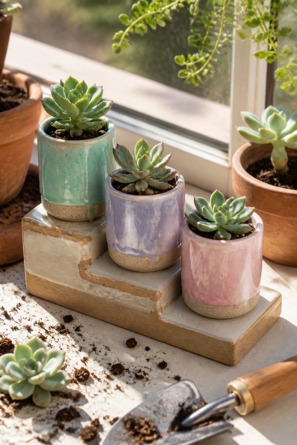 Succulents in pink, purple, and turquoise pots on a tiered stand by window