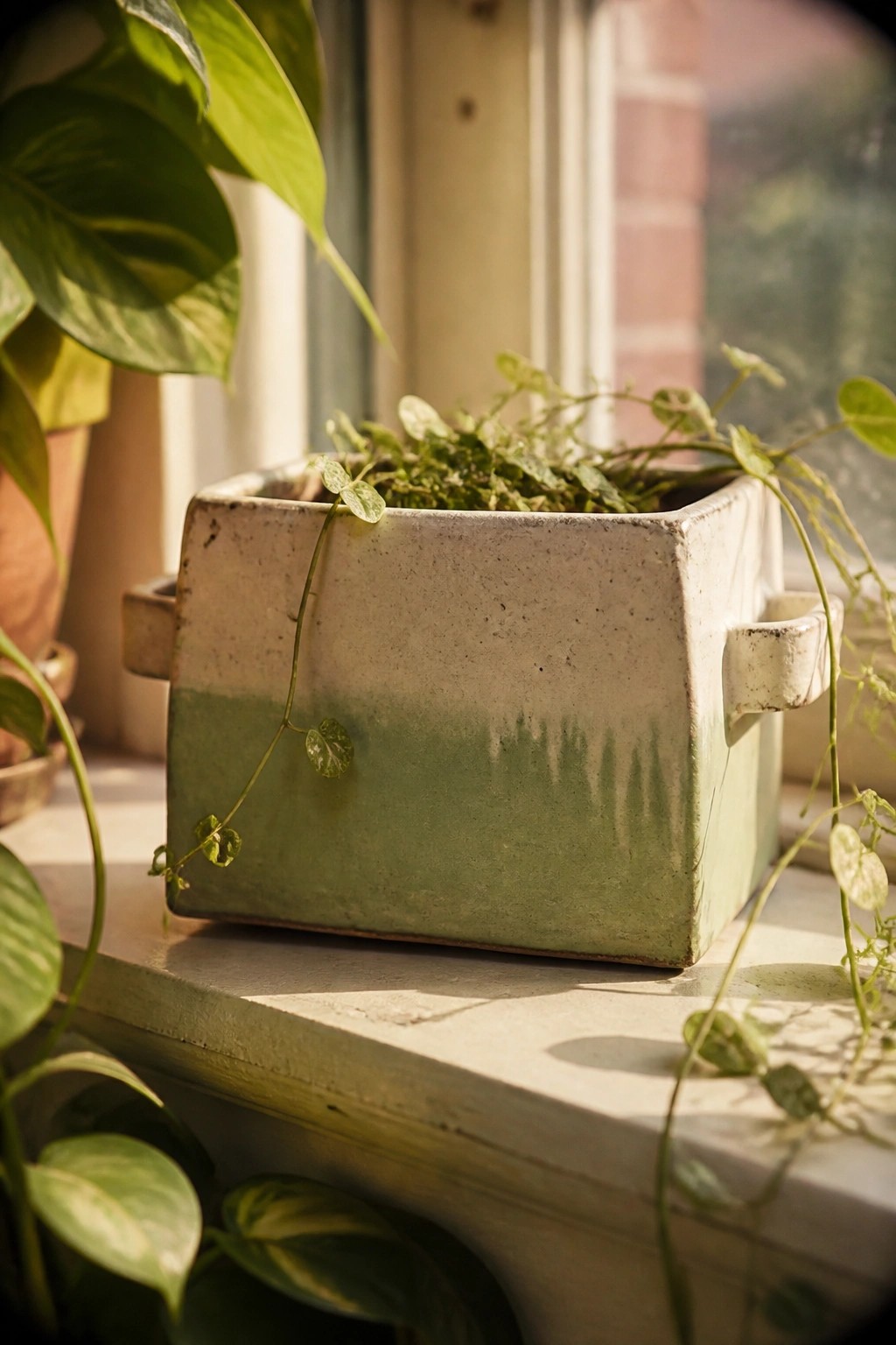 Ceramic planter with trailing green vines on a sunlit windowsill