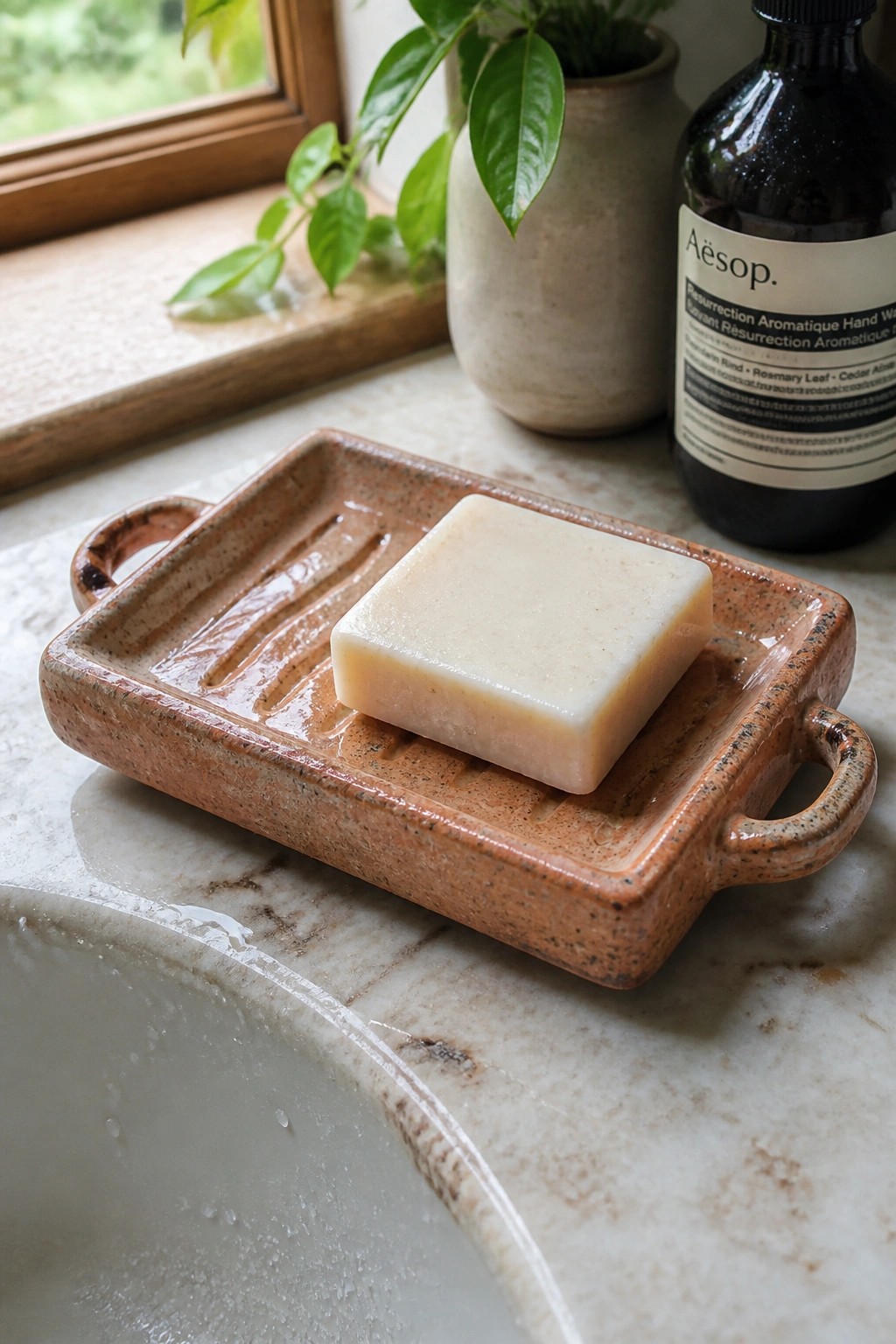 Pale soap bar on wet speckled terracotta dish atop marble sink