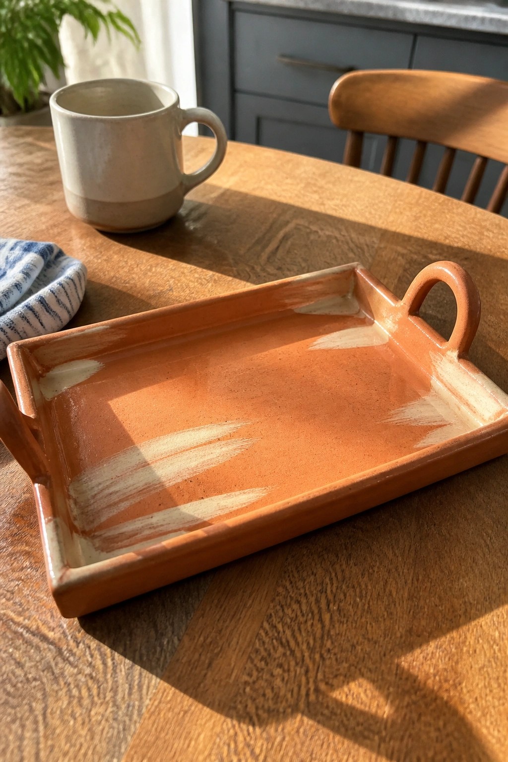 Orange ceramic tray with handles on sunlit wooden table beside beige mug