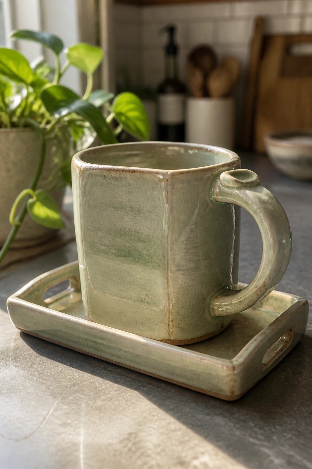 Sage green ceramic mug on matching tray beside potted plant on kitchen counter.