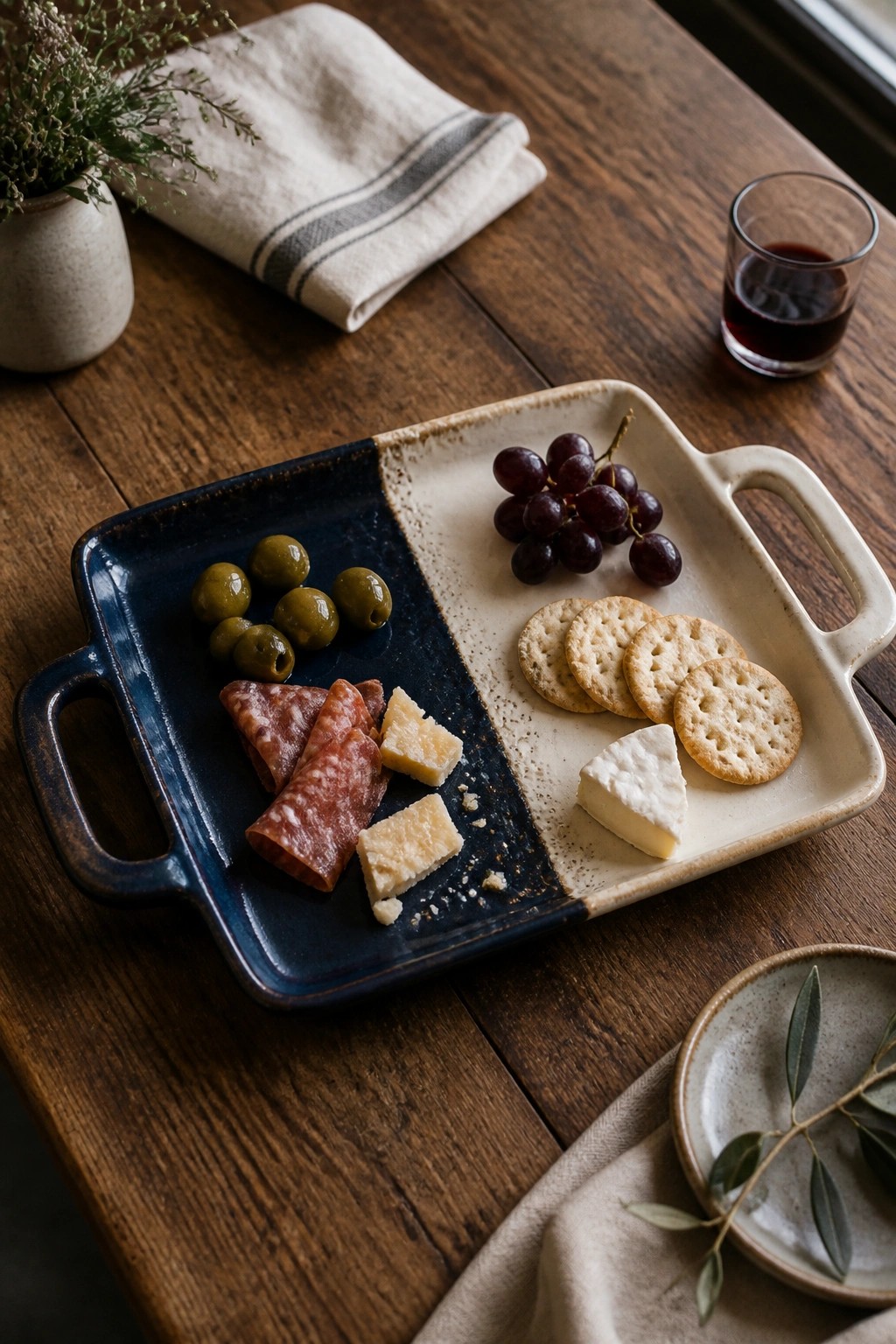 Divided blue and beige tray with olives, salami, cheeses, grapes, and crackers on wood.