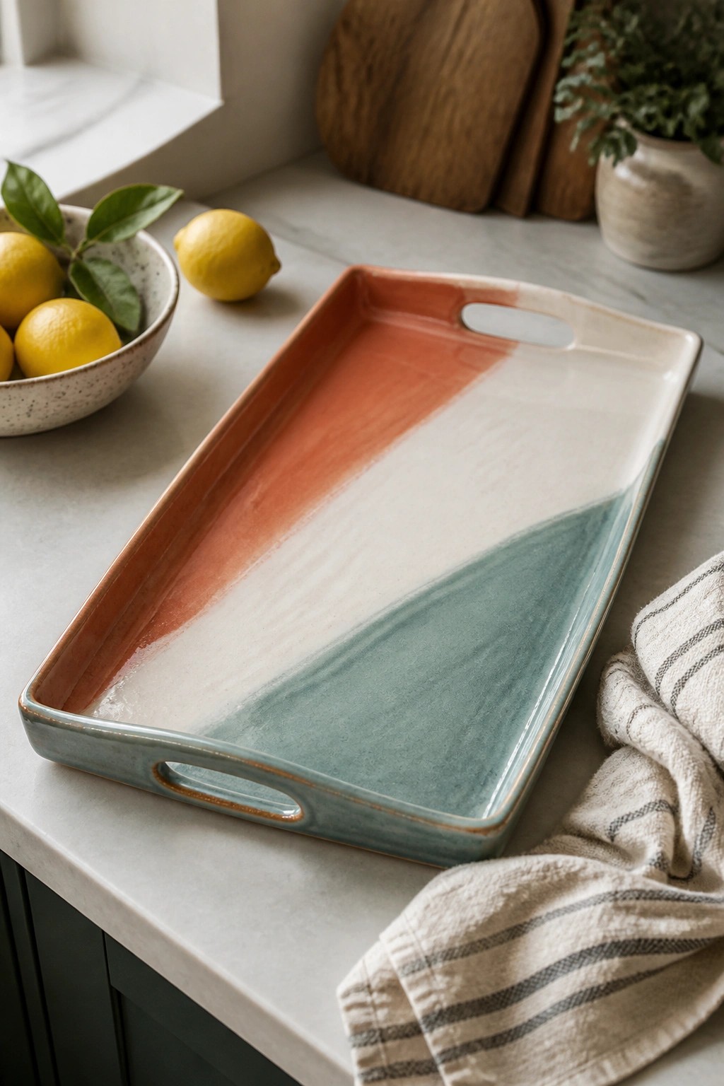 Ceramic tray with coral, white, and teal glaze beside lemons on marble counter