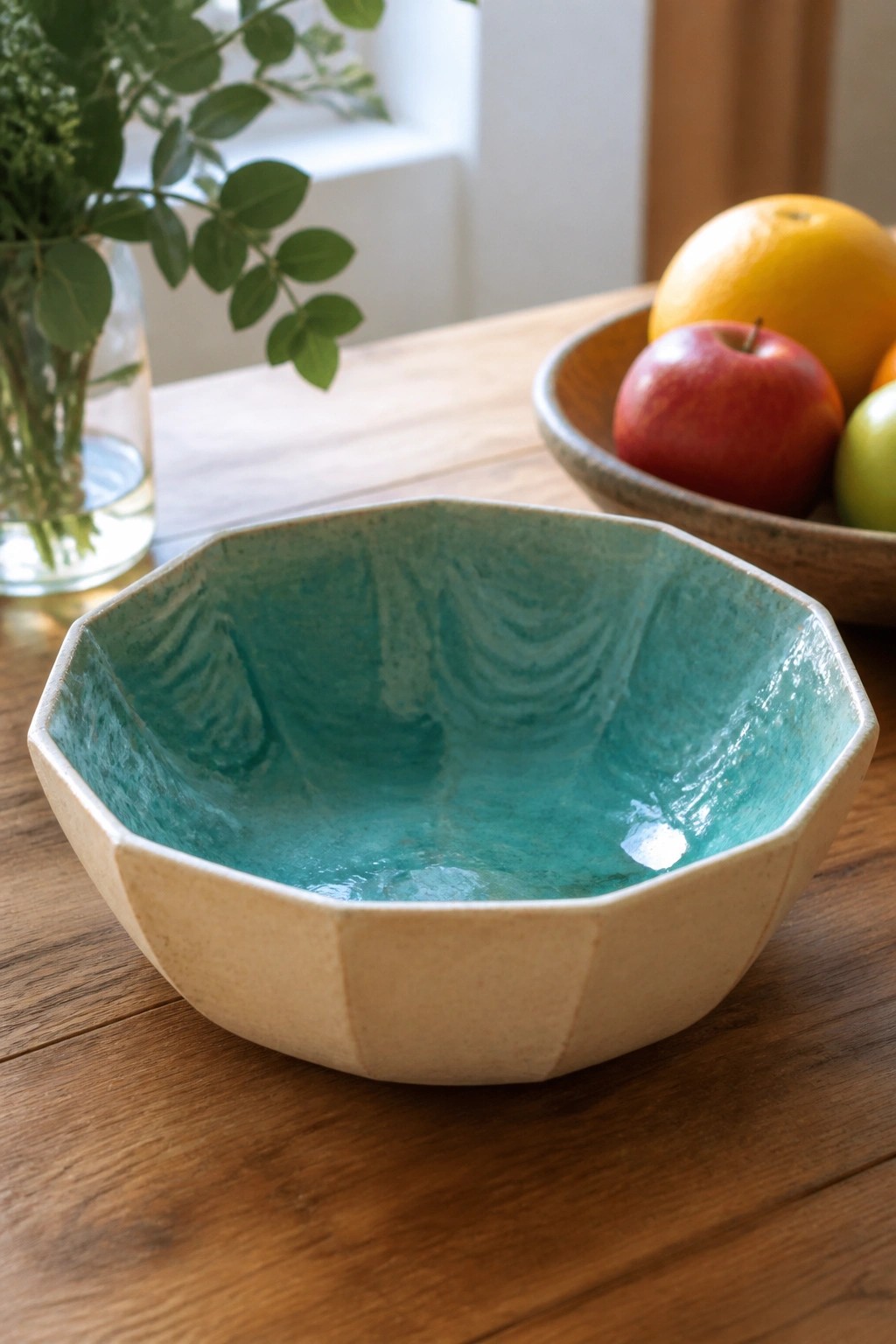 Turquoise octagonal ceramic bowl on wooden table beside fruit bowl and vase
