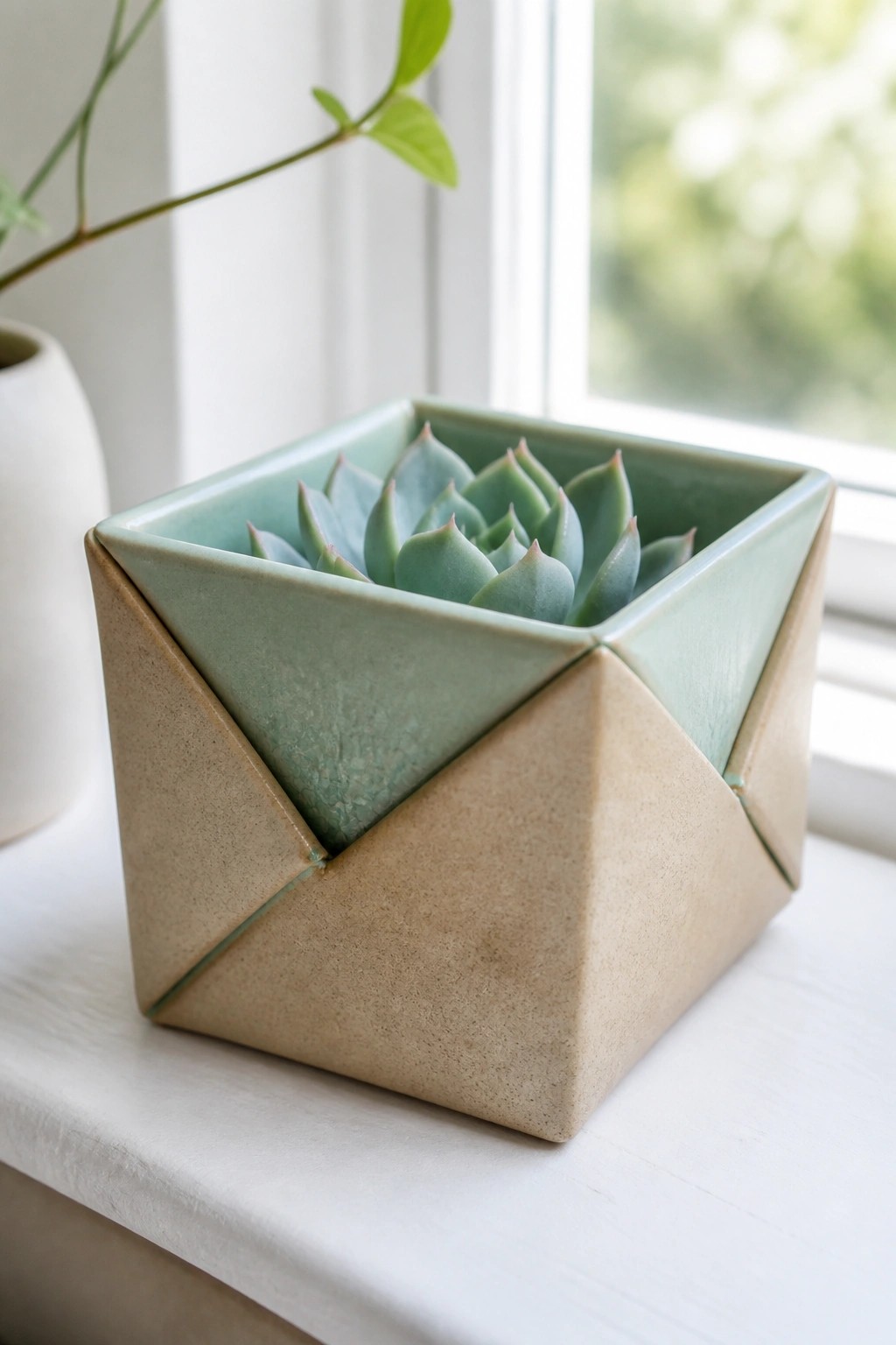 A square ceramic planter with geometric angled sides in tan and light green glaze holding a small succulent on a white windowsill.