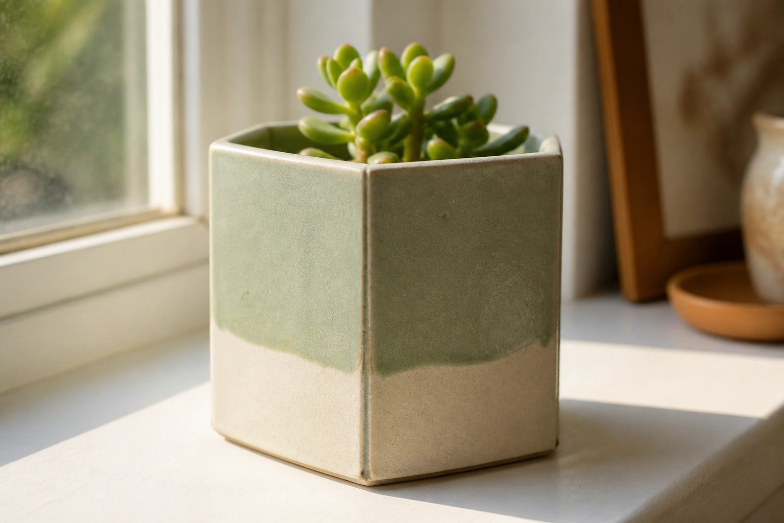 Two-toned green and beige ceramic pot with succulent on sunlit windowsill