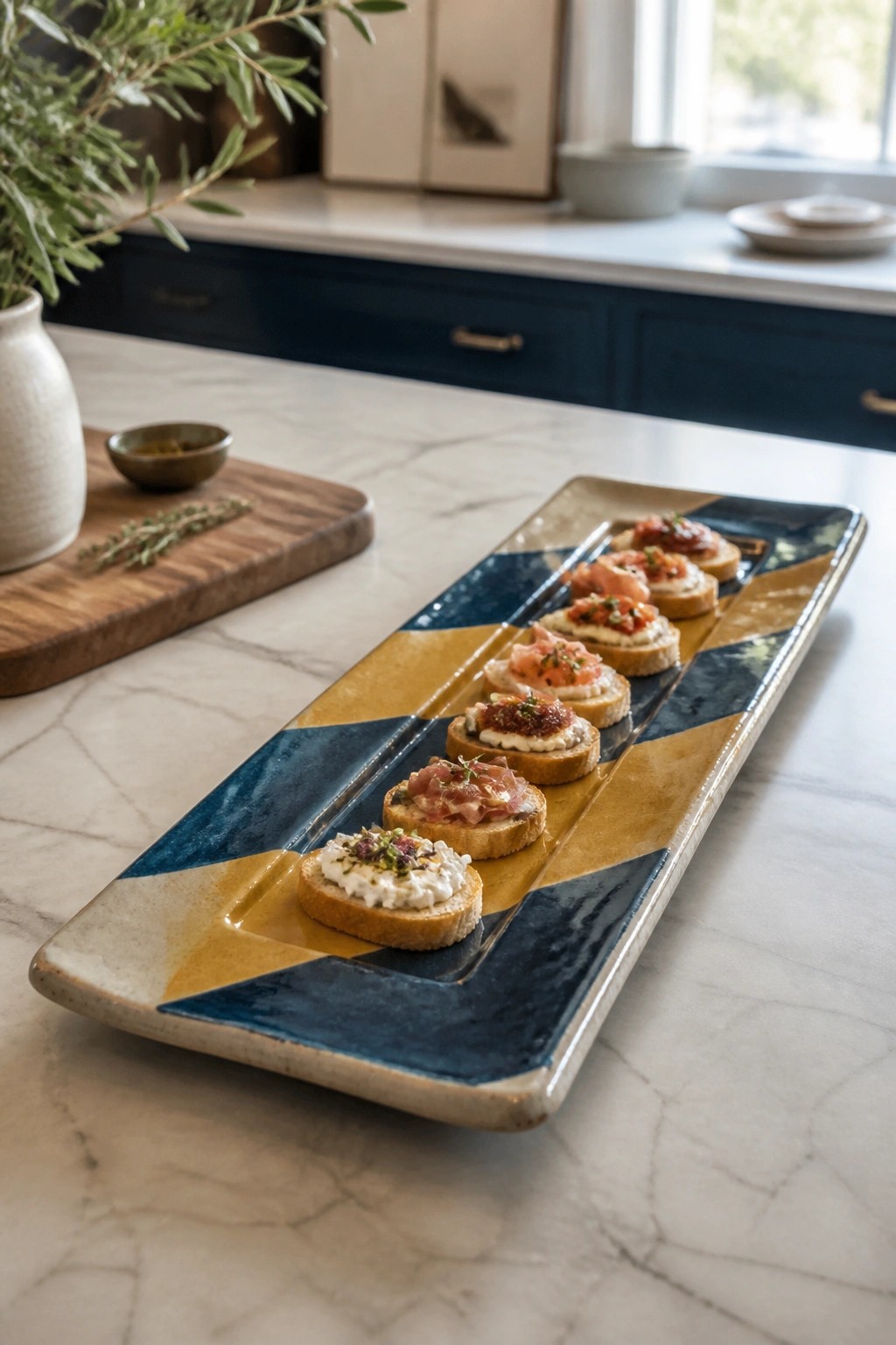 Assorted crostini on a blue and yellow patterned ceramic platter atop marble.