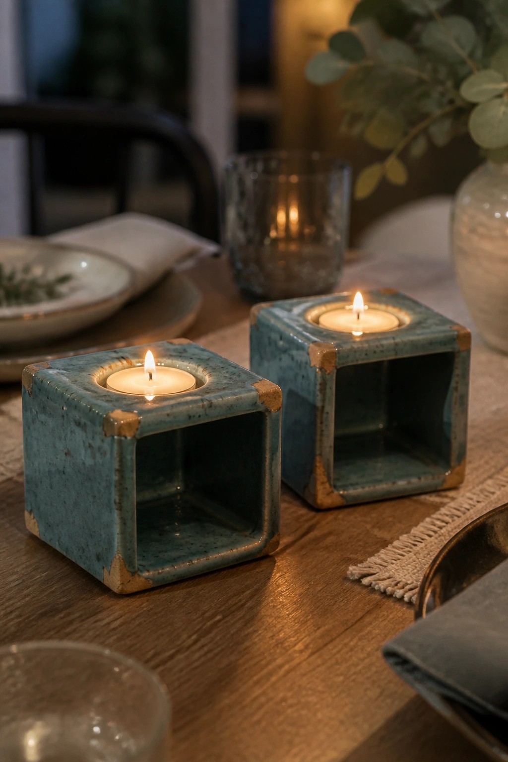 Two lit teal ceramic cube candle holders on wooden dining table