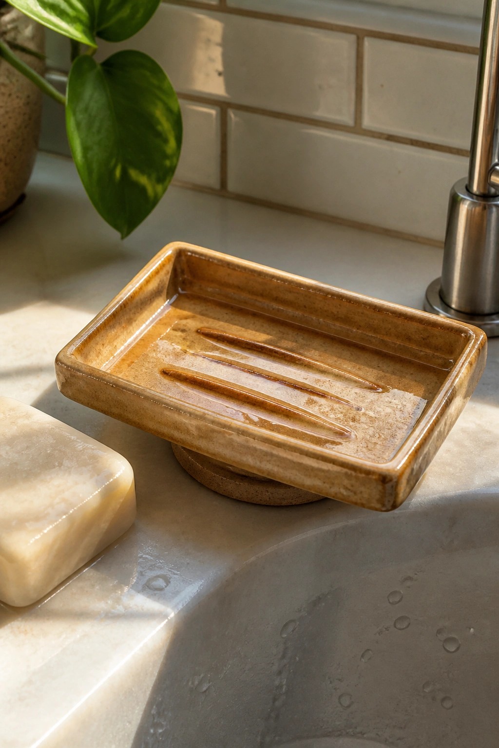 A rectangular brown ceramic soap dish with interior ridges rests on a bathroom counter next to a bar of soap and a sink.