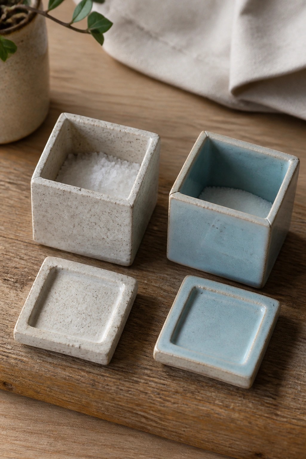 Square ceramic salt cellars in beige and blue on wooden table