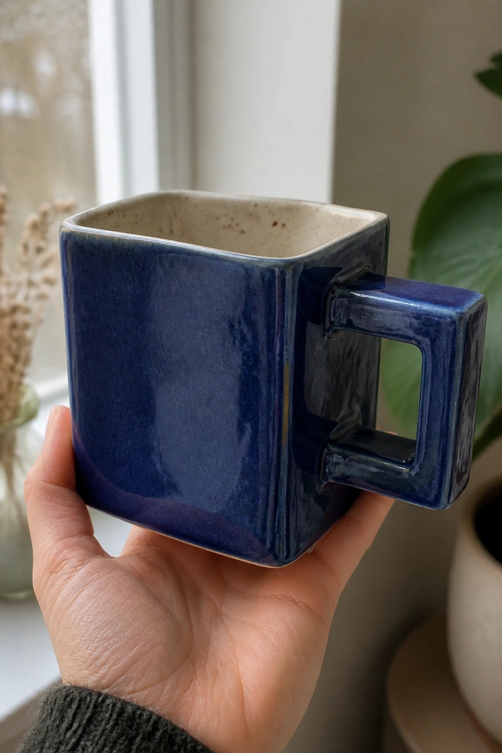 Hand in dark green knit sleeve holding square glossy blue ceramic mug.