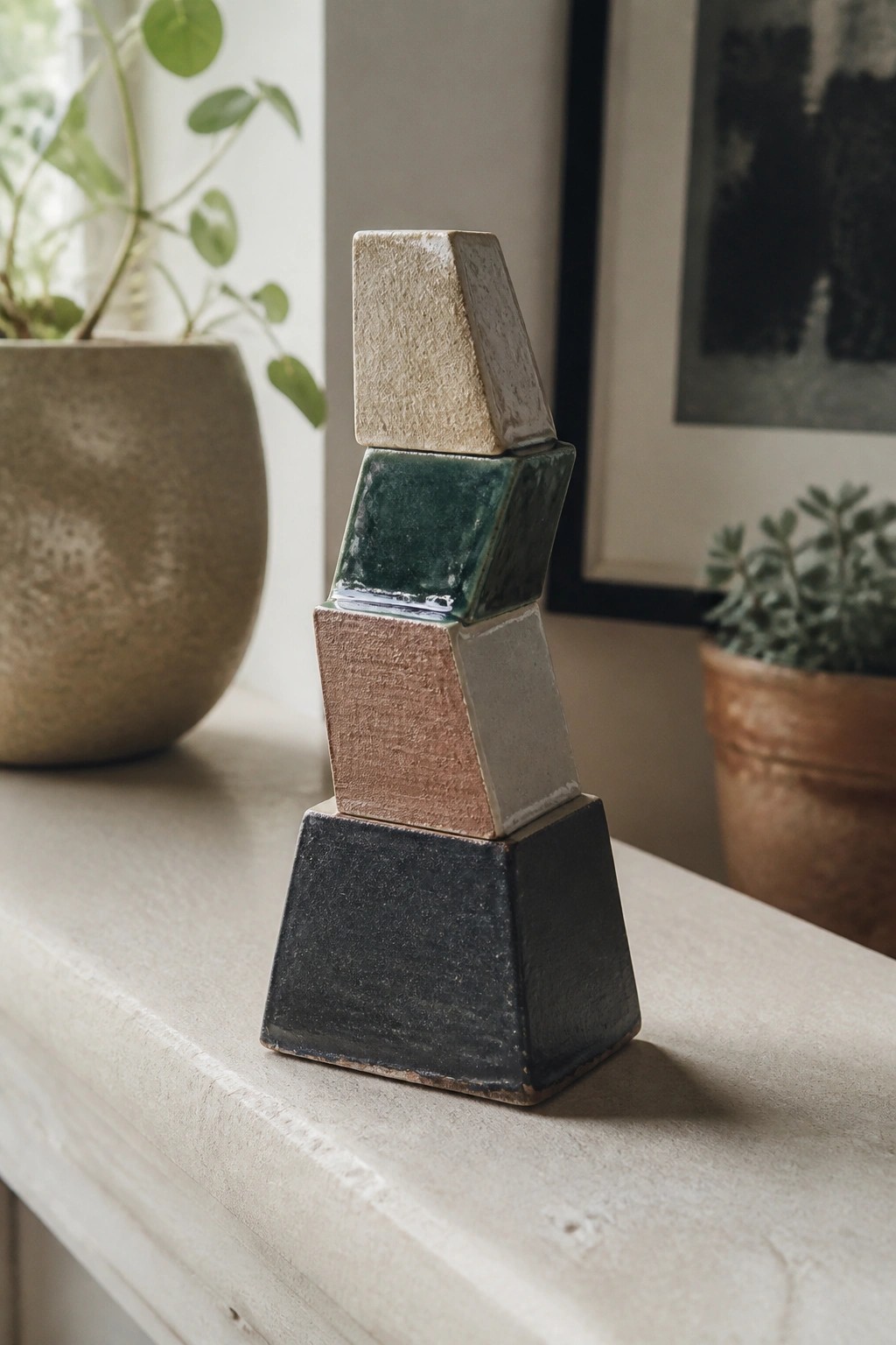 Stacked ceramic blocks in black, brown, green, and beige on a ledge with plants