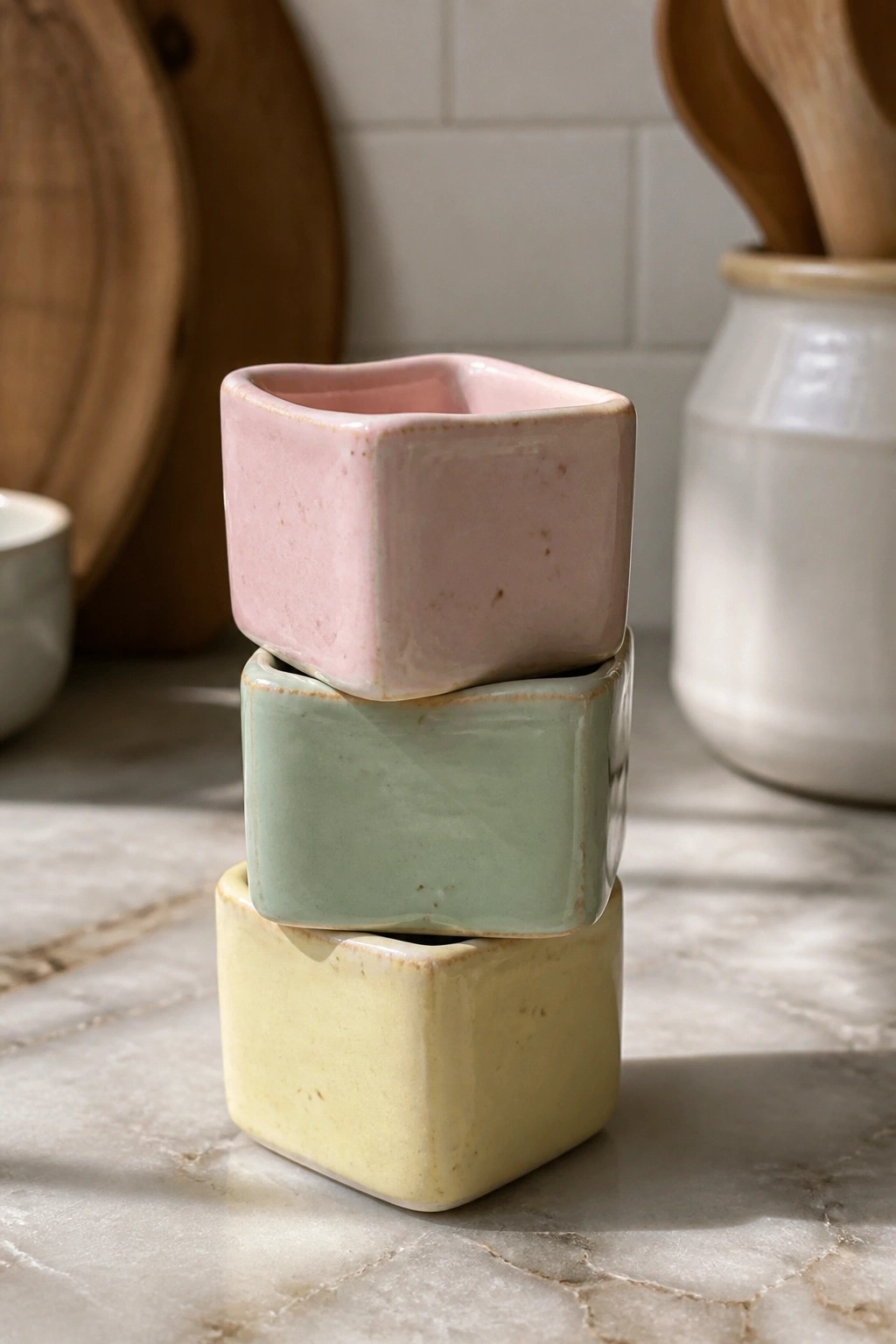Three small square ceramic bowls stacked on a marble counter, glazed in pink, mint green, and yellow.