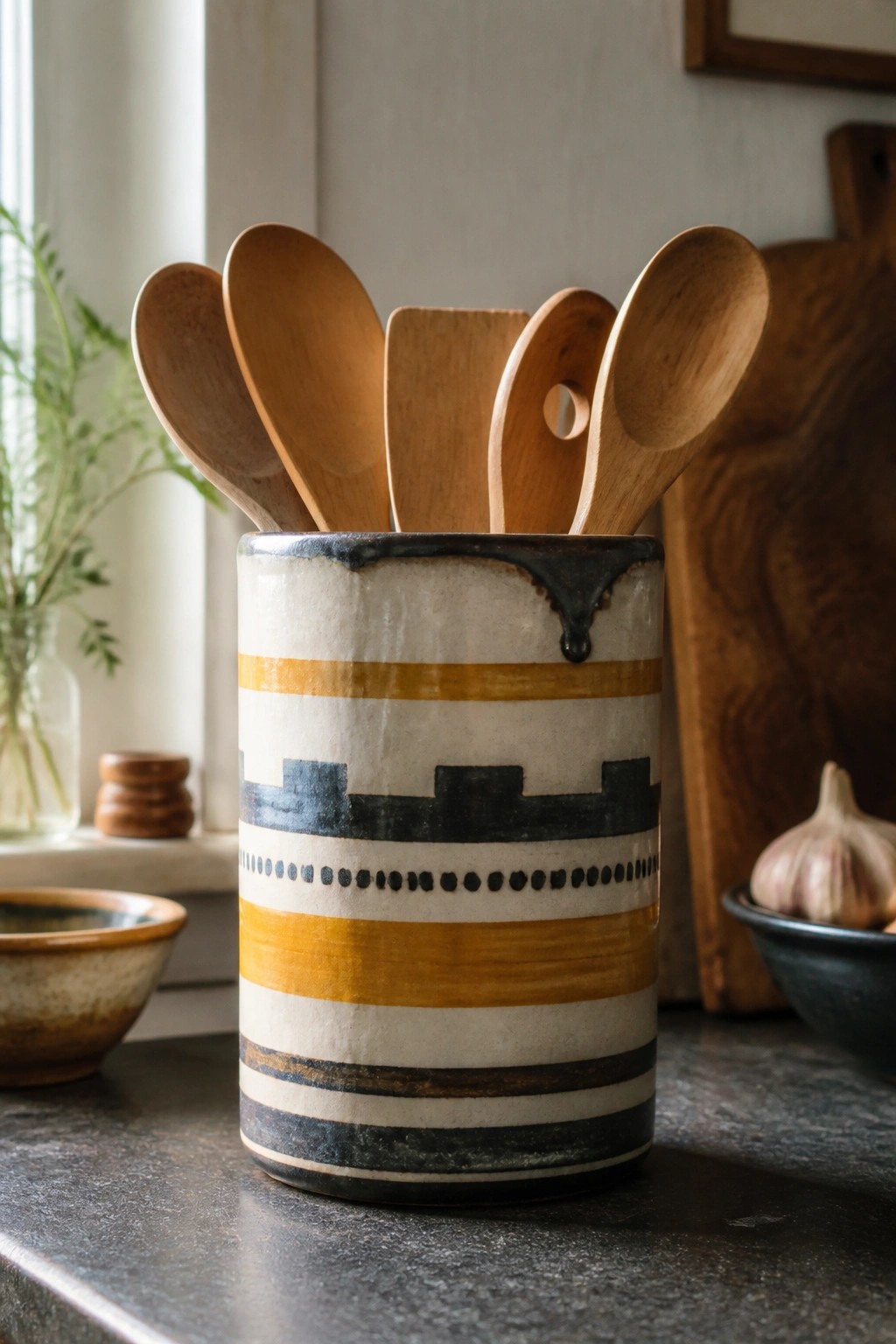Striped ceramic crock holding wooden spoons on a kitchen countertop