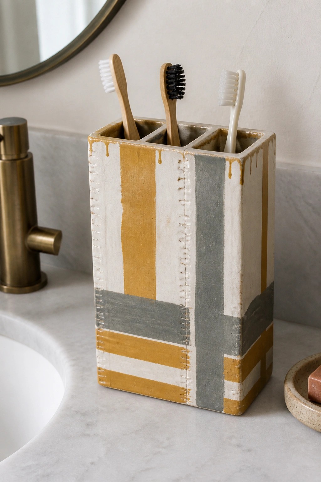 Striped ceramic toothbrush holder with three brushes on marble bathroom counter