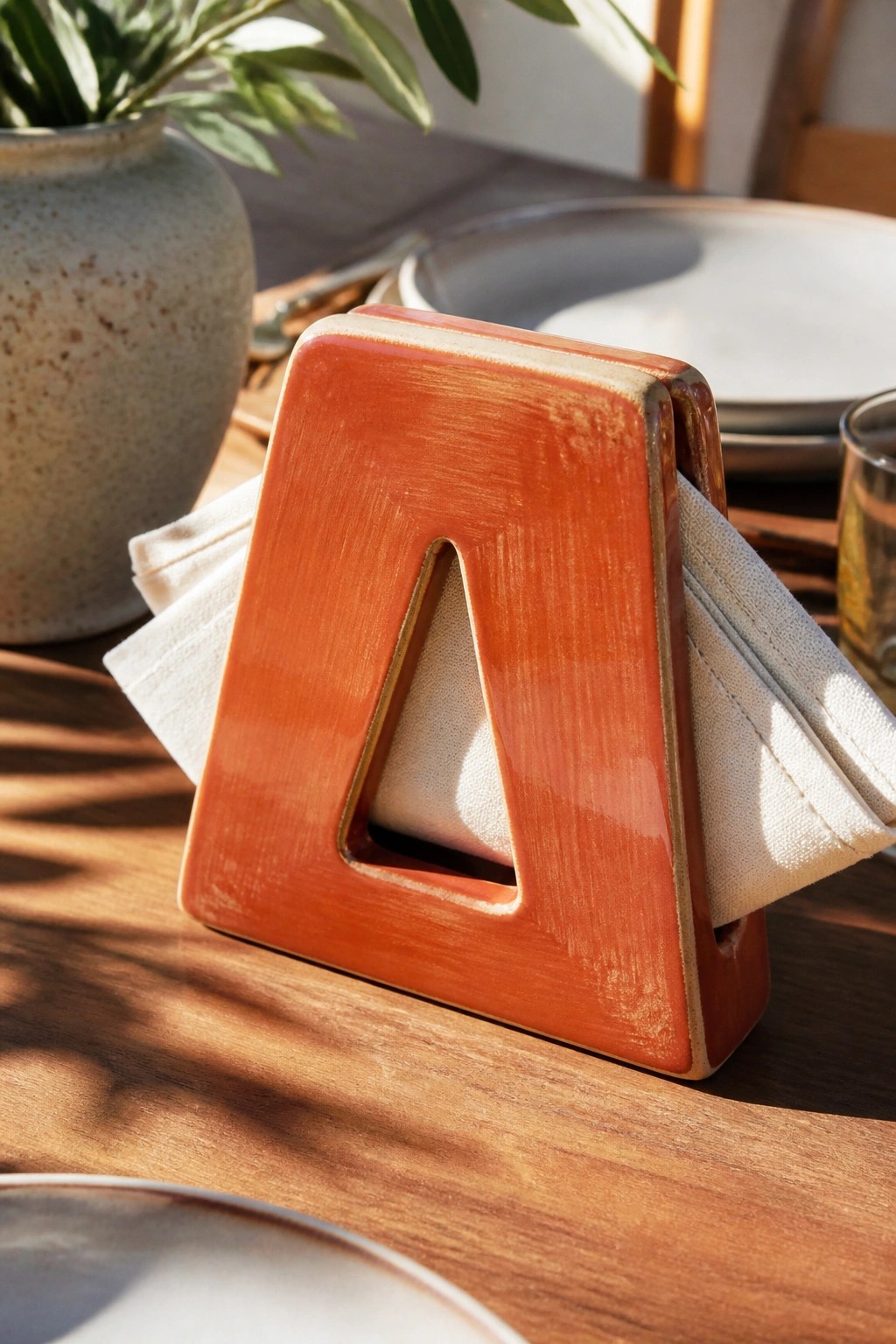 Orange ceramic napkin holder with white napkins on wooden table