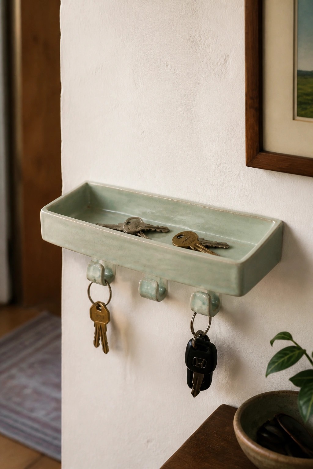 Mint green ceramic wall tray with hooks holding sets of keys