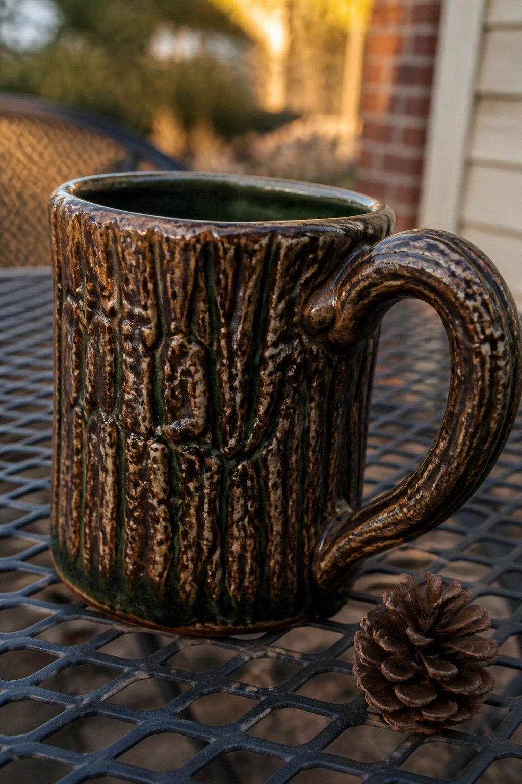 Textured brown and green ceramic mug on metal table beside pinecone outdoors