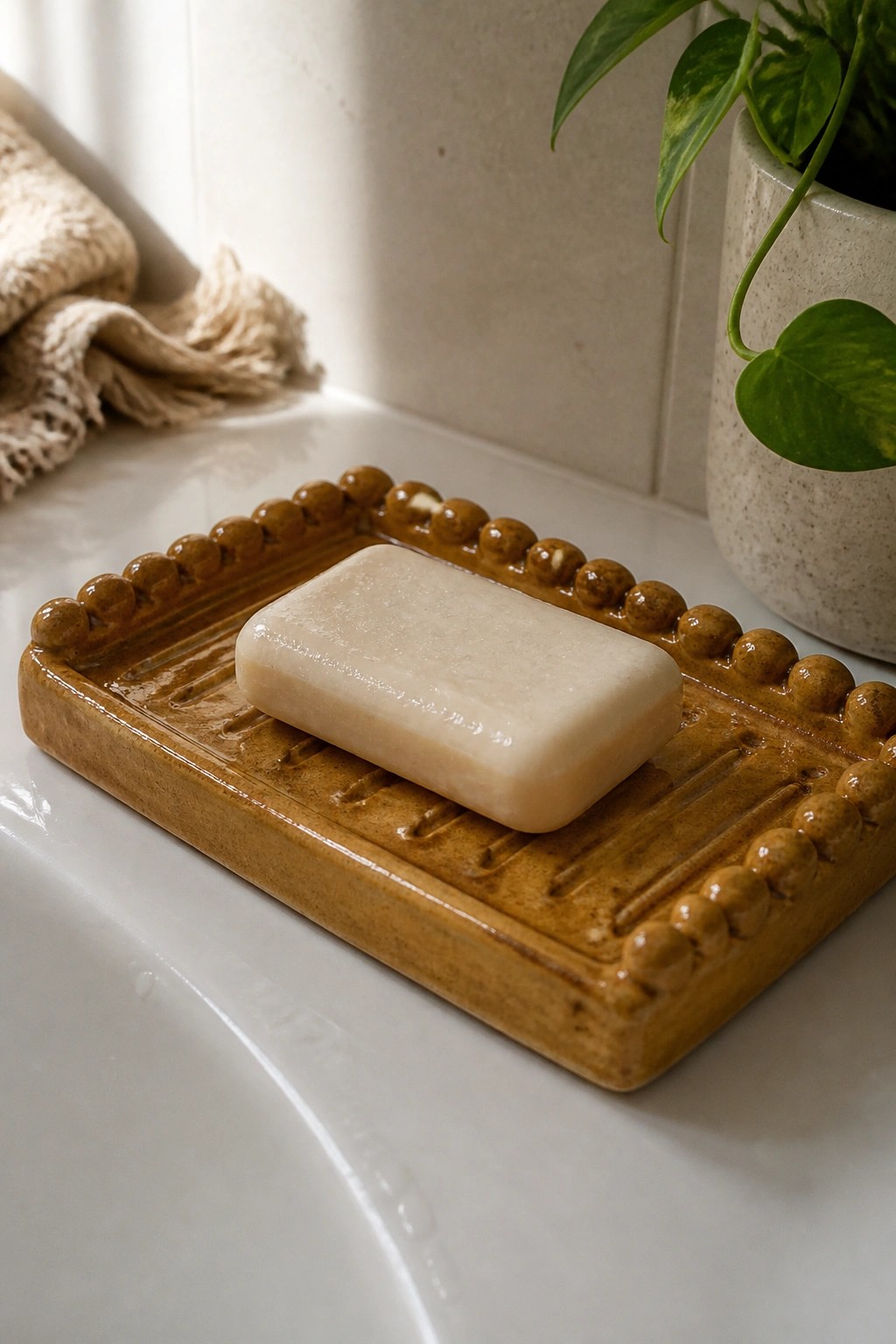 Bar of soap on brown ceramic dish with beaded edges on white sink.