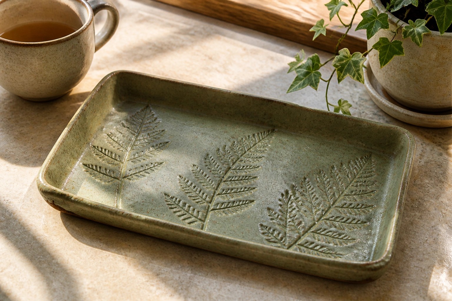 Green ceramic tray with fern imprints beside tea cup on sunlit counter.