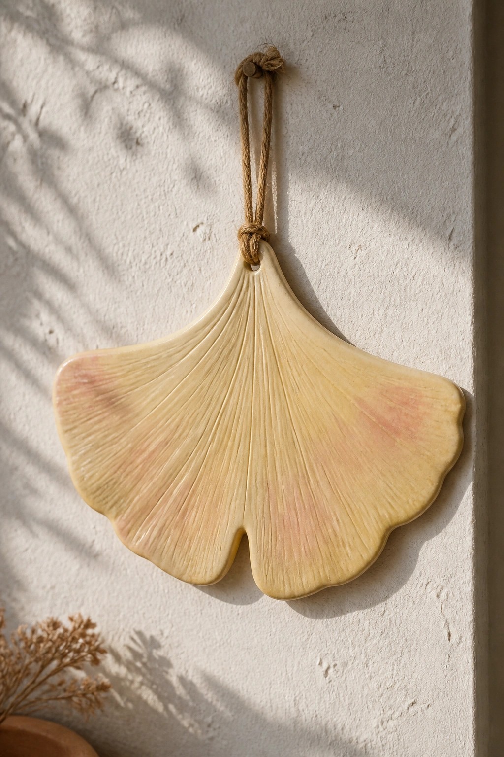 Cream ceramic ginkgo leaf hanging from rope on textured white wall with shadows