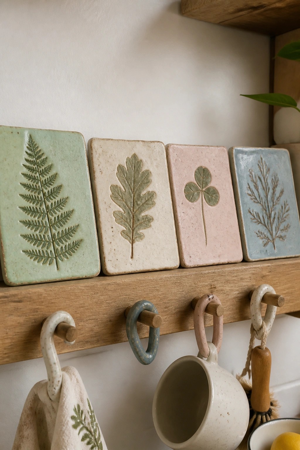 Pastel ceramic tiles with fern, oak, and clover imprints above wooden hooks with mugs.
