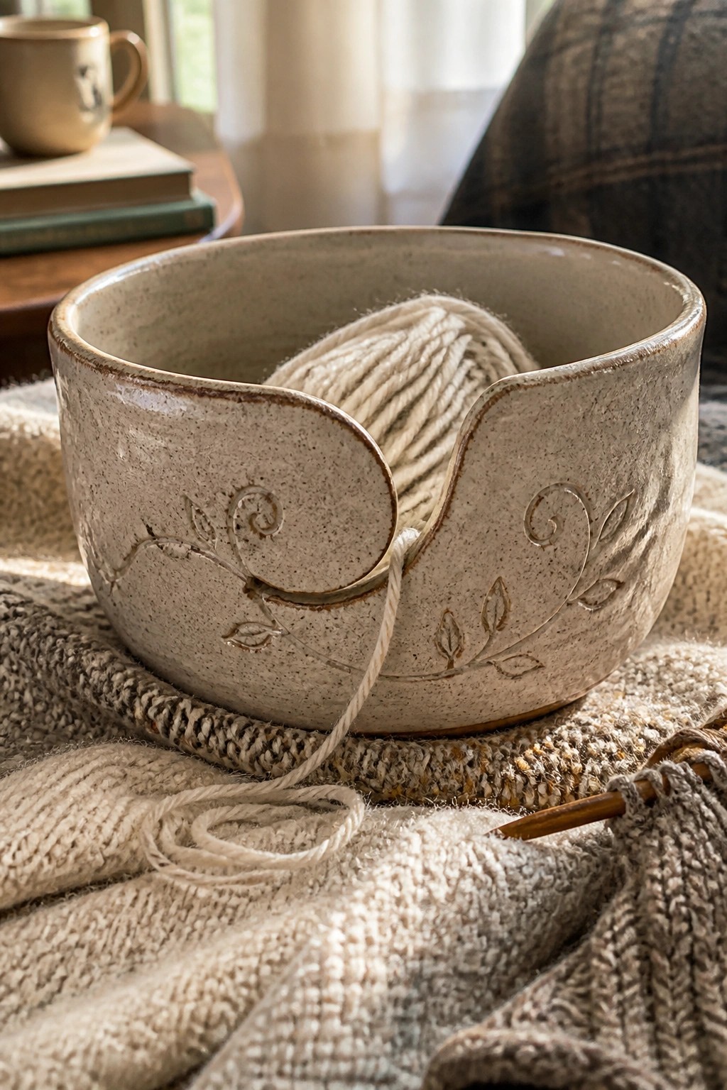 Speckled ceramic yarn bowl with cream wool and knitting needles on knitted fabric