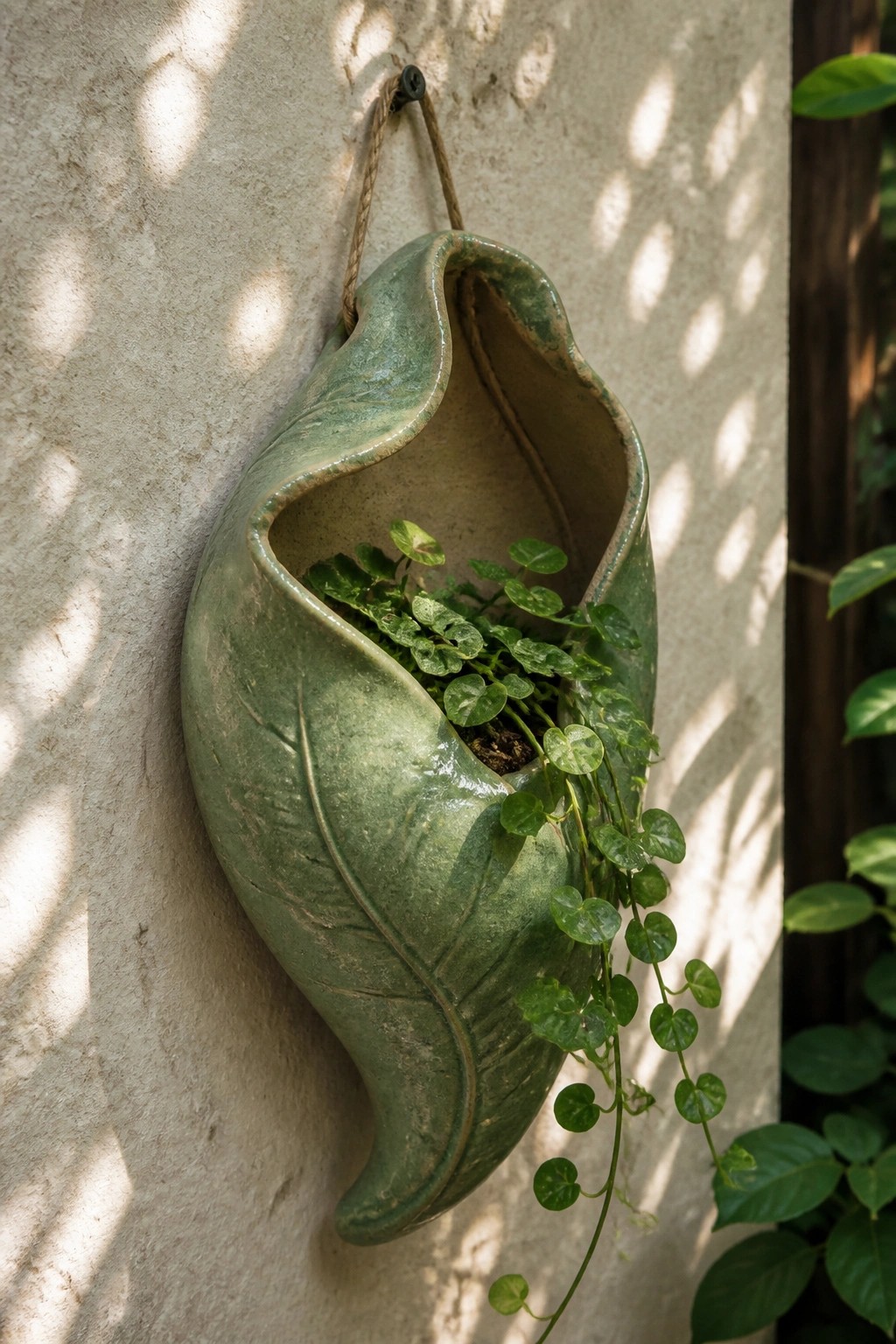 Leaf-shaped green ceramic planter with trailing vines on sunlit wall