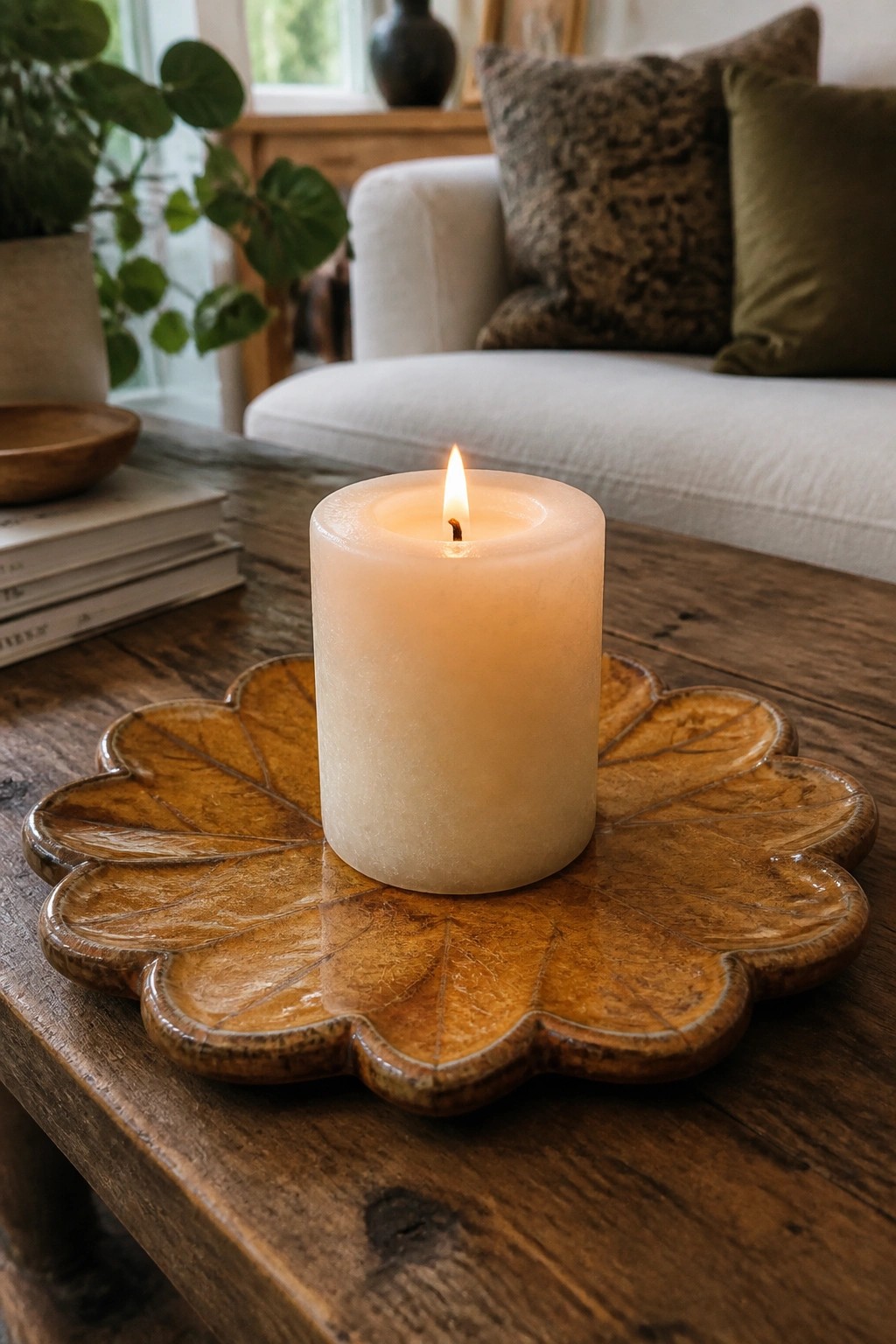 Lit white pillar candle on a scalloped leaf-shaped ceramic tray on wood table
