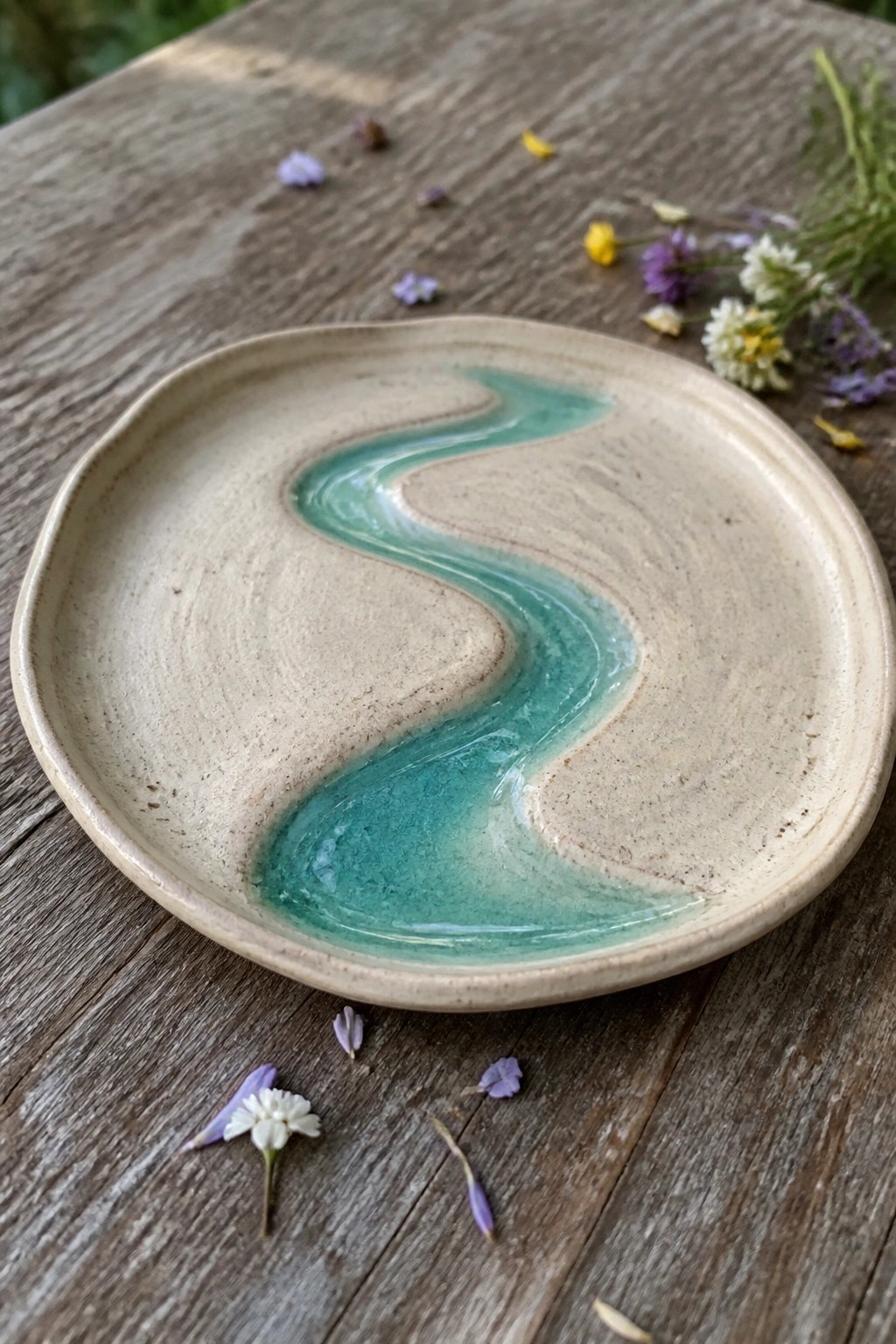 Ceramic plate with wavy turquoise glaze on wooden table amid wildflowers