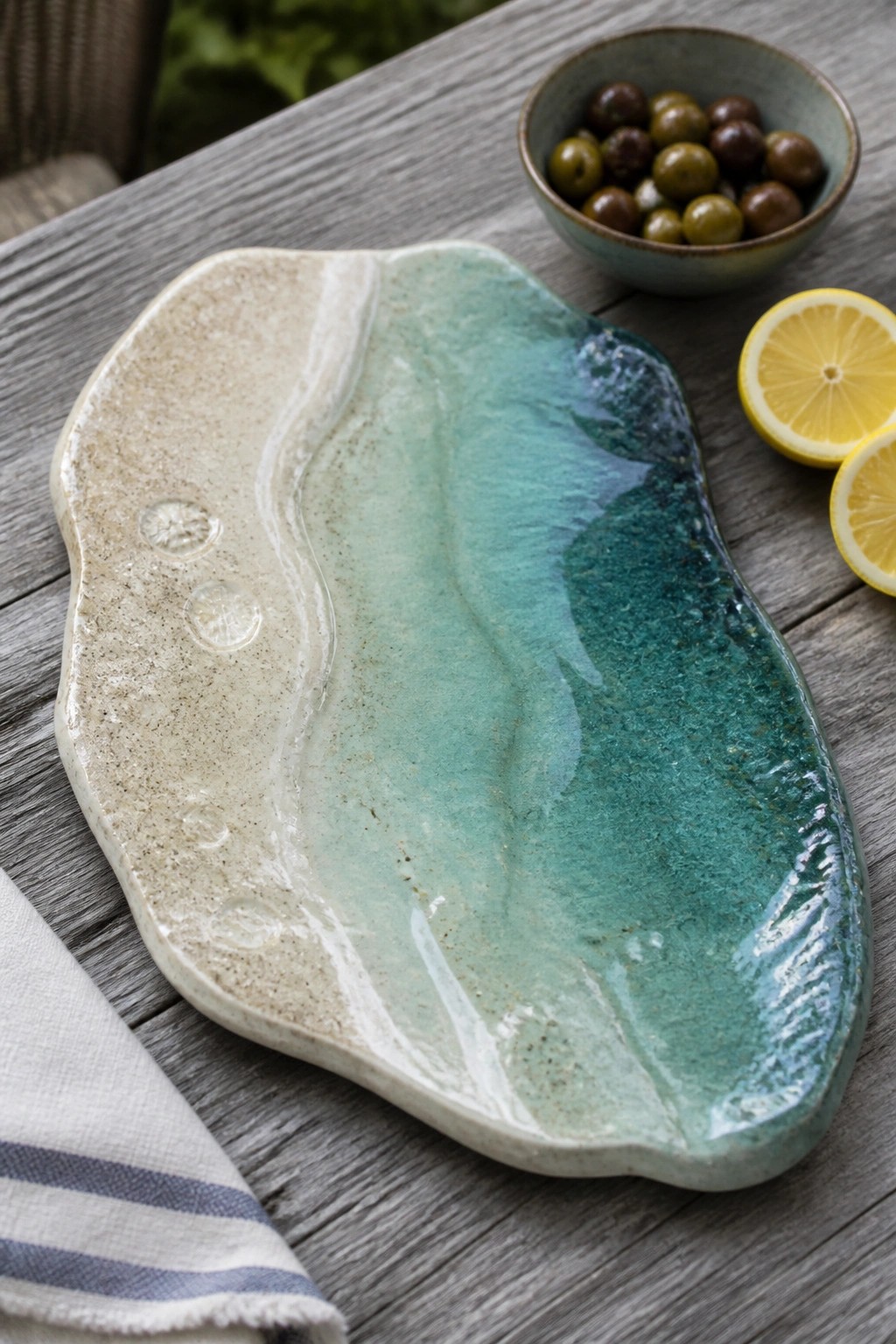 Ceramic platter in beige and turquoise with olives and lemon halves on wooden table