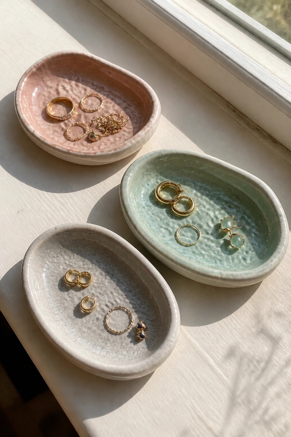 Three ceramic bowls in pink, green, and beige holding gold jewelry on a sunny windowsill.
