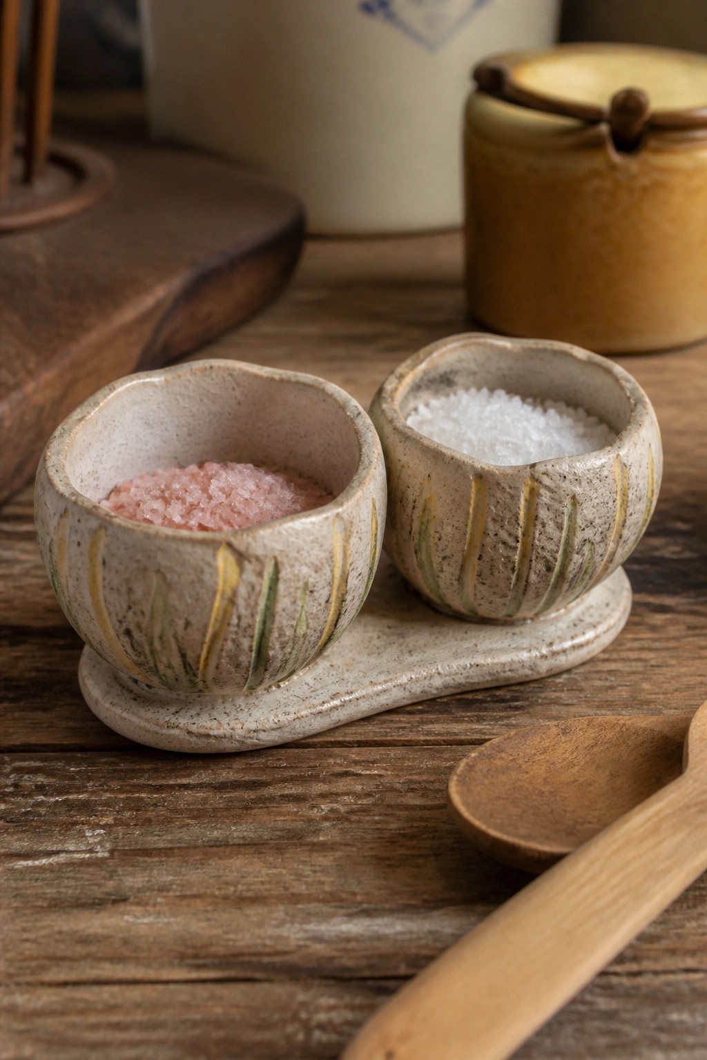 Two rustic ceramic bowls with pink and white salt on wooden table beside spoon