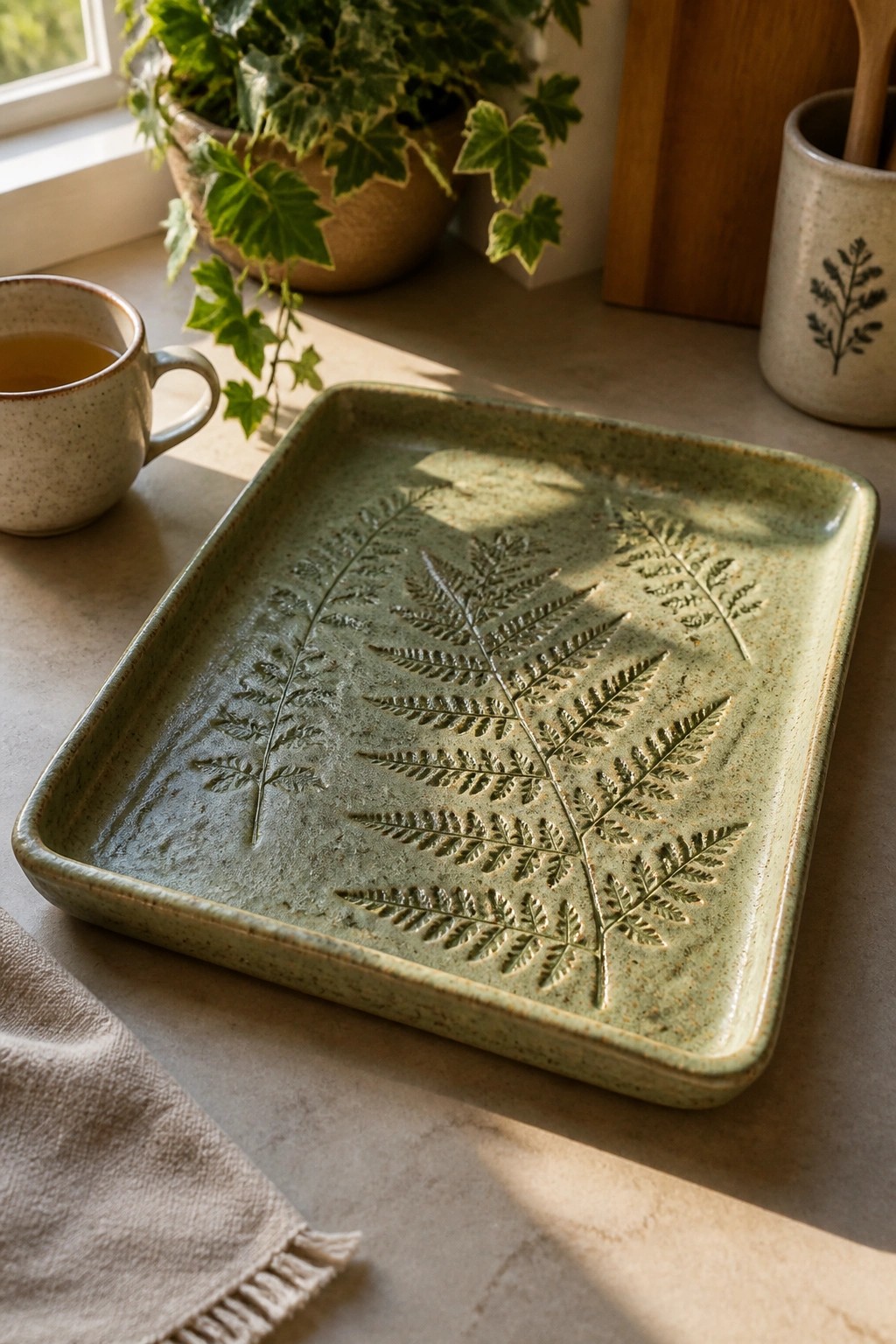 Green ceramic tray with fern imprints beside tea cup on sunlit counter.