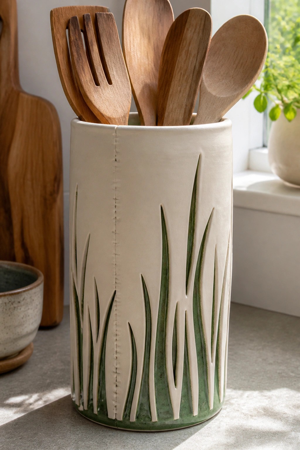 Ceramic utensil holder with green grass design holding wooden spoons and forks